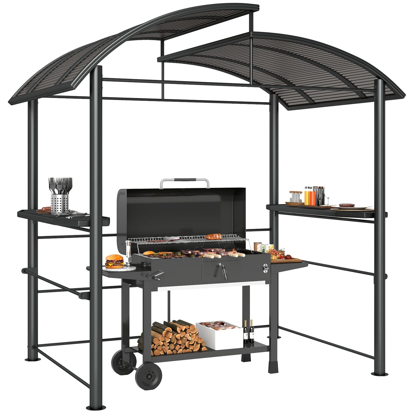 Outdoor Grill Gazebo Canopy With Vented Polycarbonate Roof Shelves