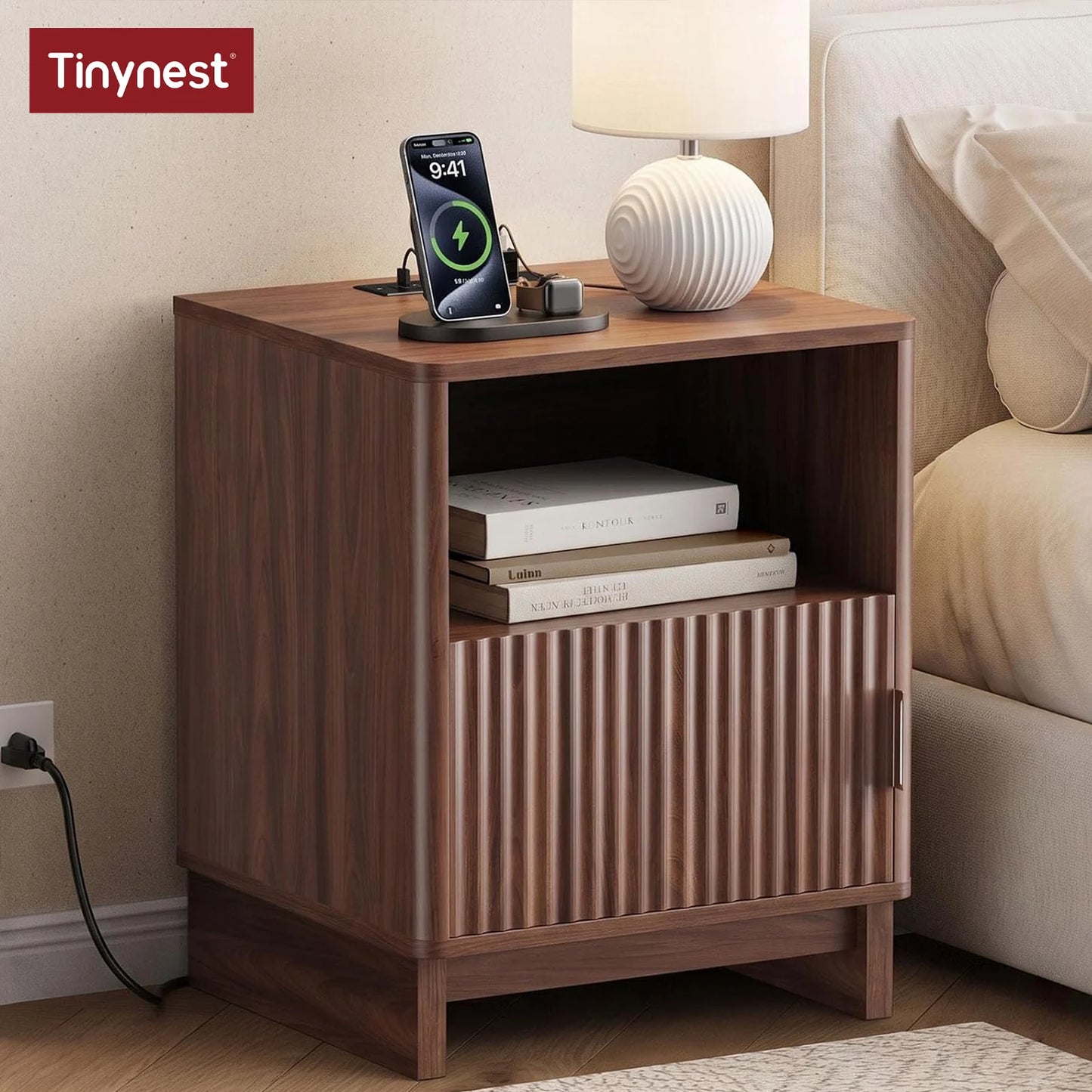 TinyNest Nightstand With Charging Station Fluted Wood Storage Drawers