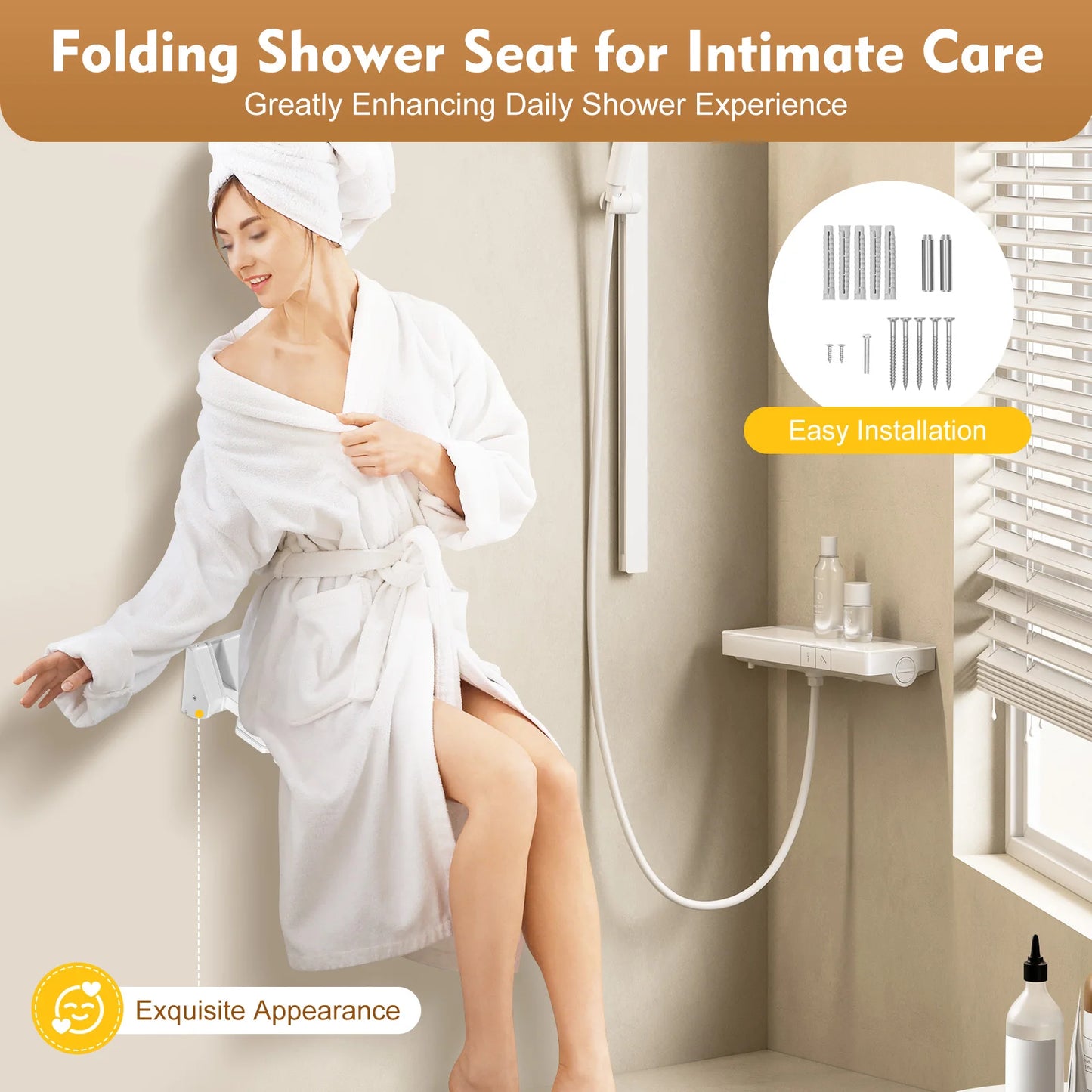 Wall Mounted Folding Shower Seat Waterproof Aluminum Bathroom Bench