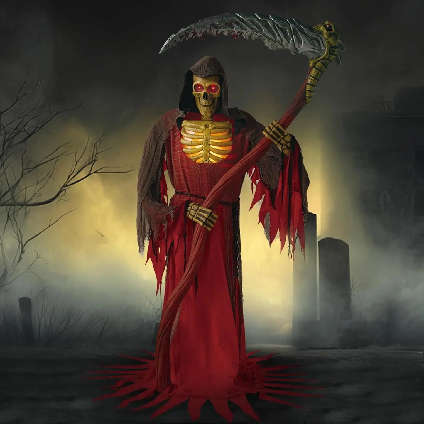 Animated Grim Reaper Skeleton Halloween Decor With Light Sensor
