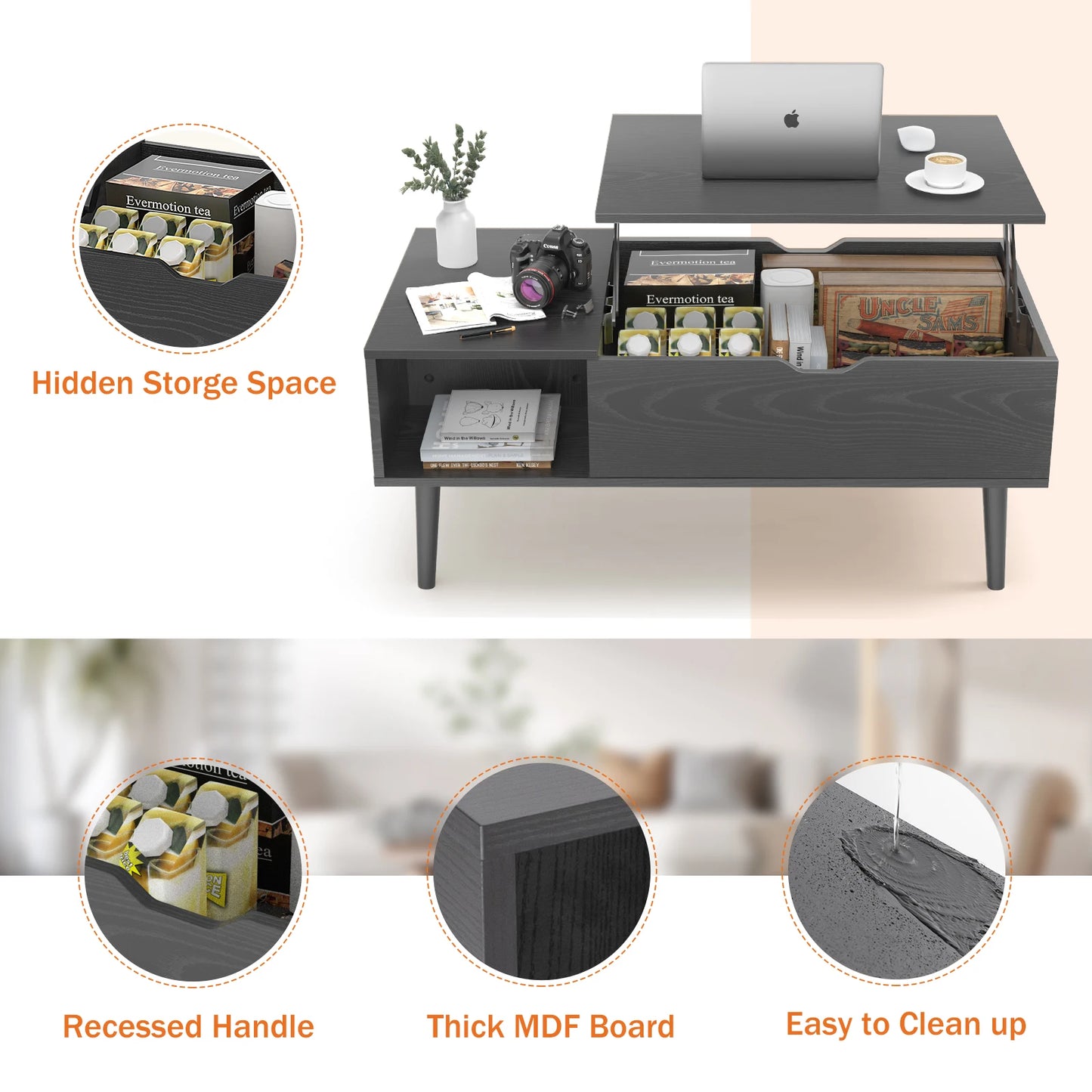 JHK Lift Top Coffee Table With Wooden Storage Shelf