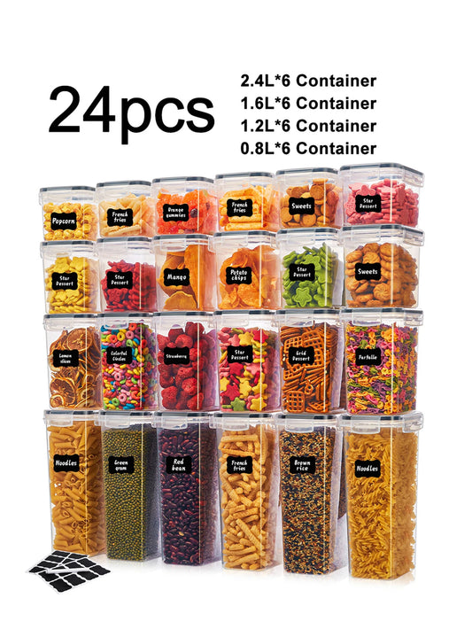 24 Piece Airtight Food Storage Containers With Labels For Flour Grains Spices