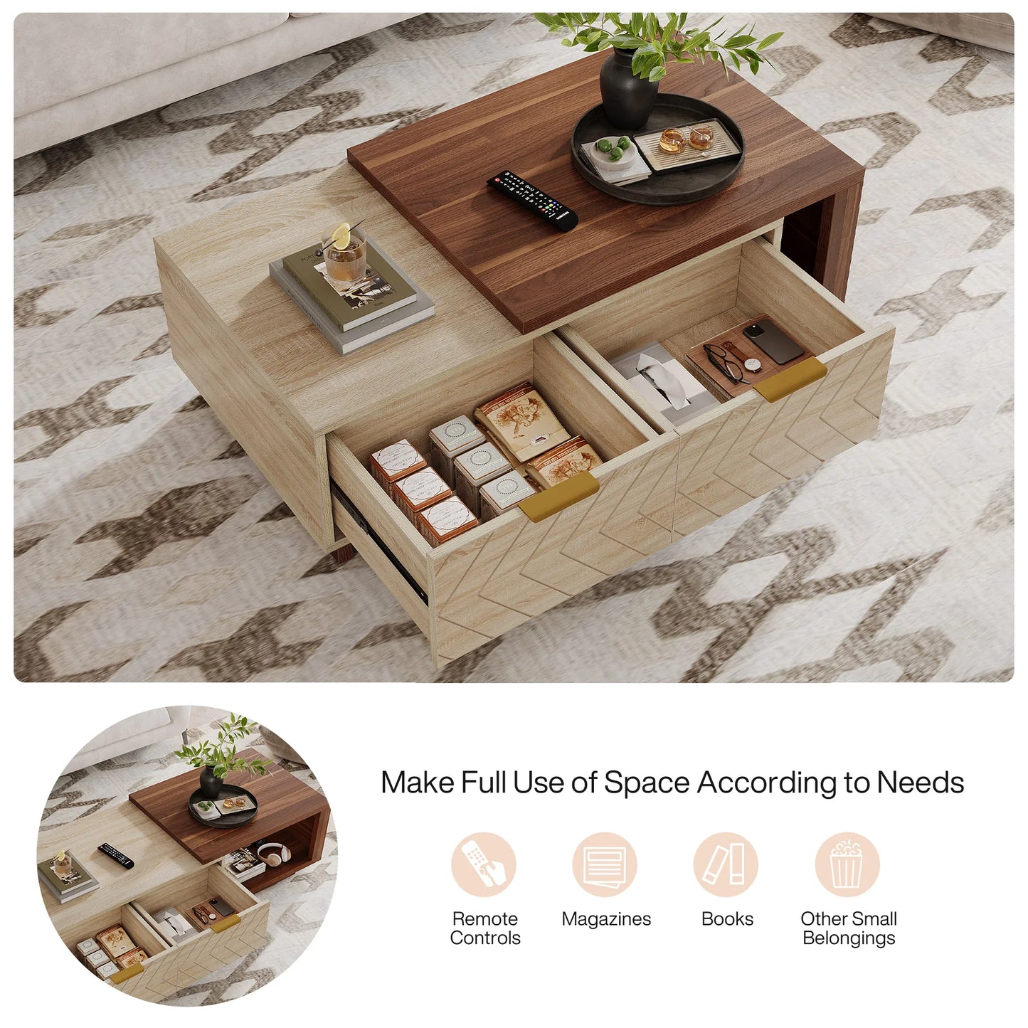 Tribesigns Extendable Coffee Table With Two Storage Drawers