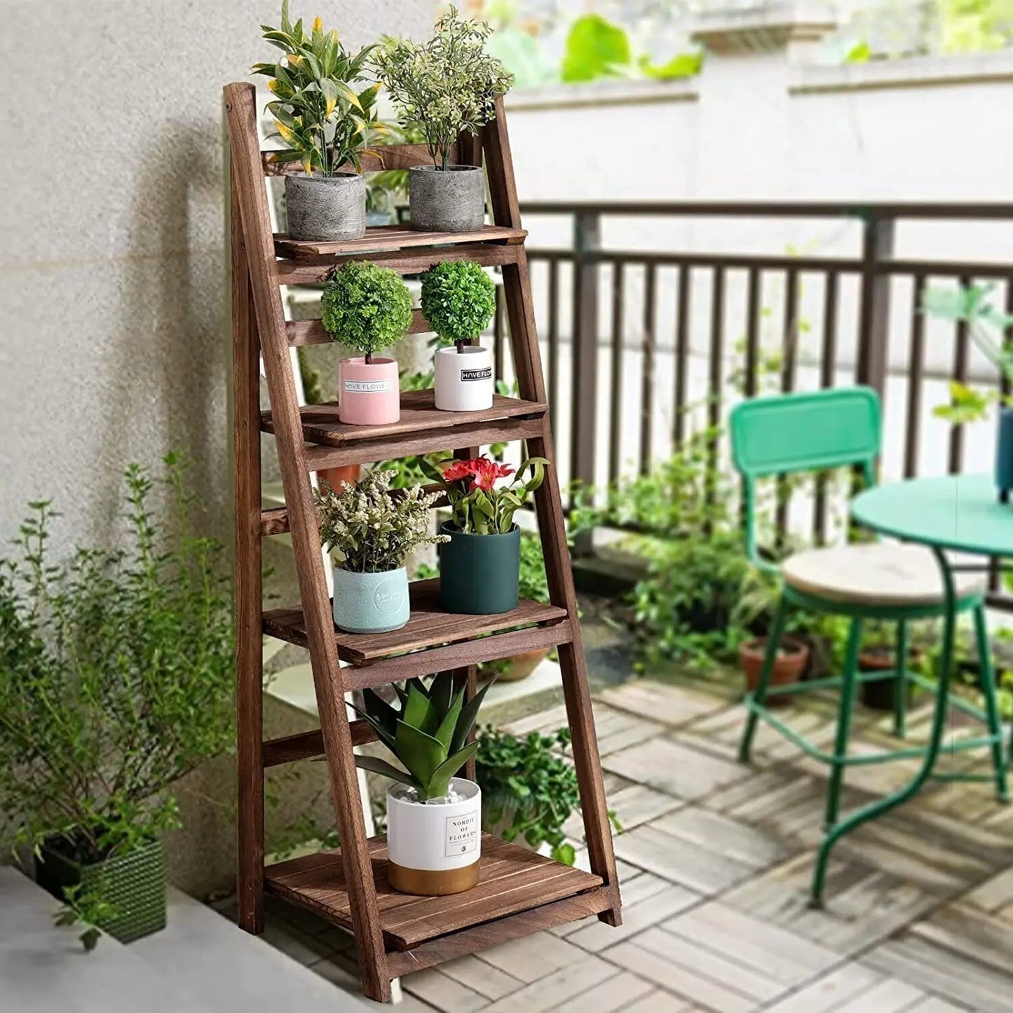 Wooden Folding Ladder Shelf Four Tier Indoor Storage Rack