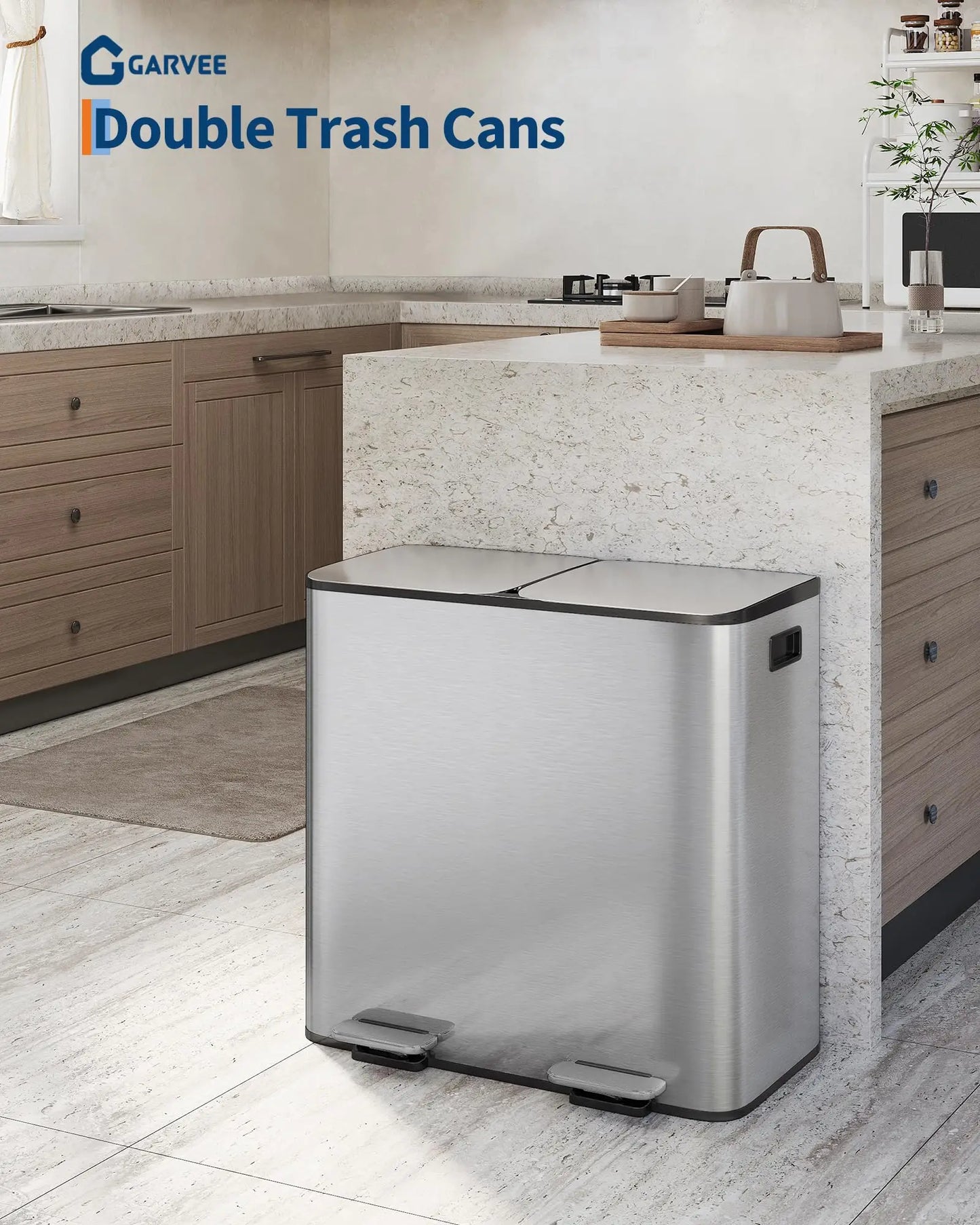 Dual Compartment Stainless Steel Trash Can With Step On Lids