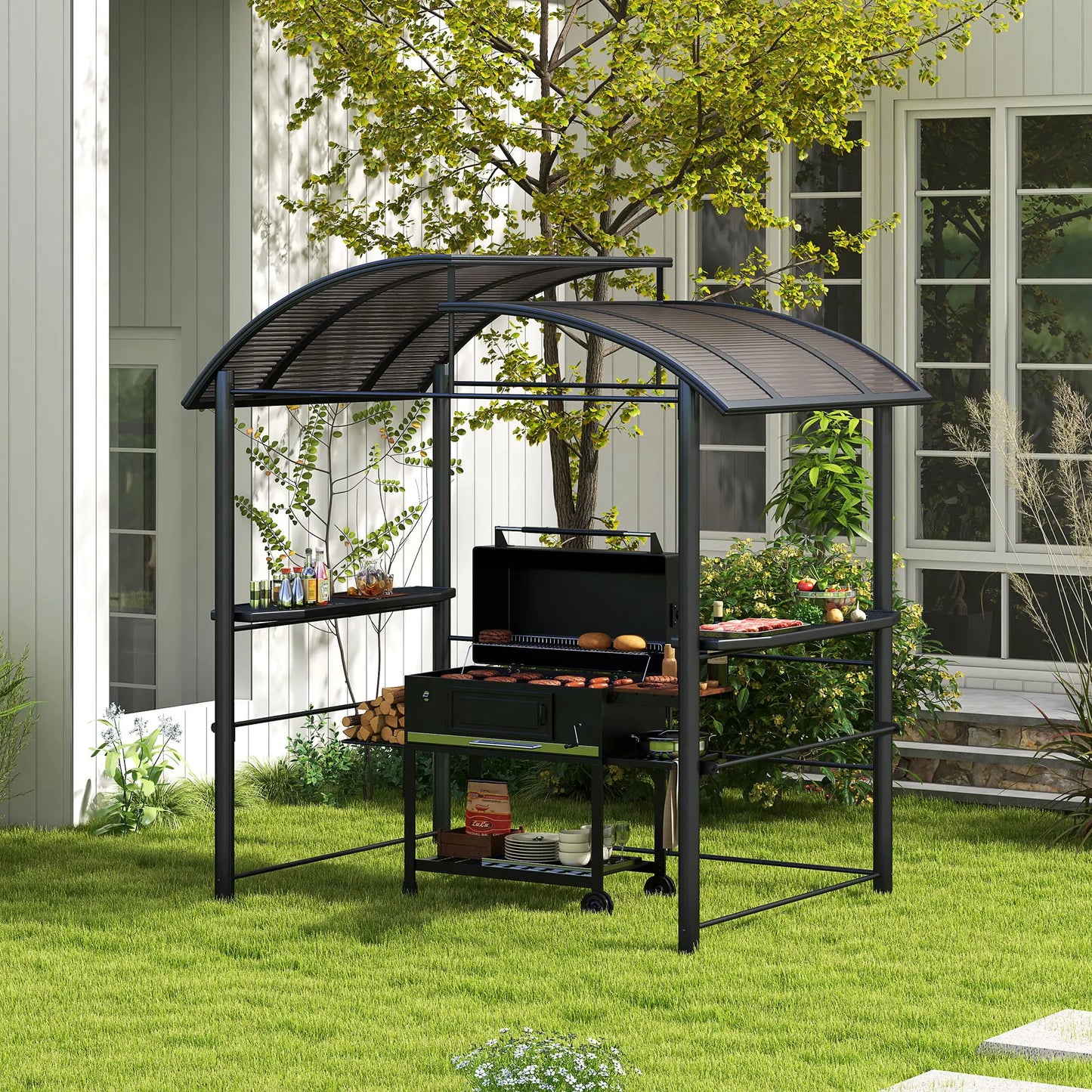Outdoor Grill Gazebo Canopy With Vented Polycarbonate Roof Shelves