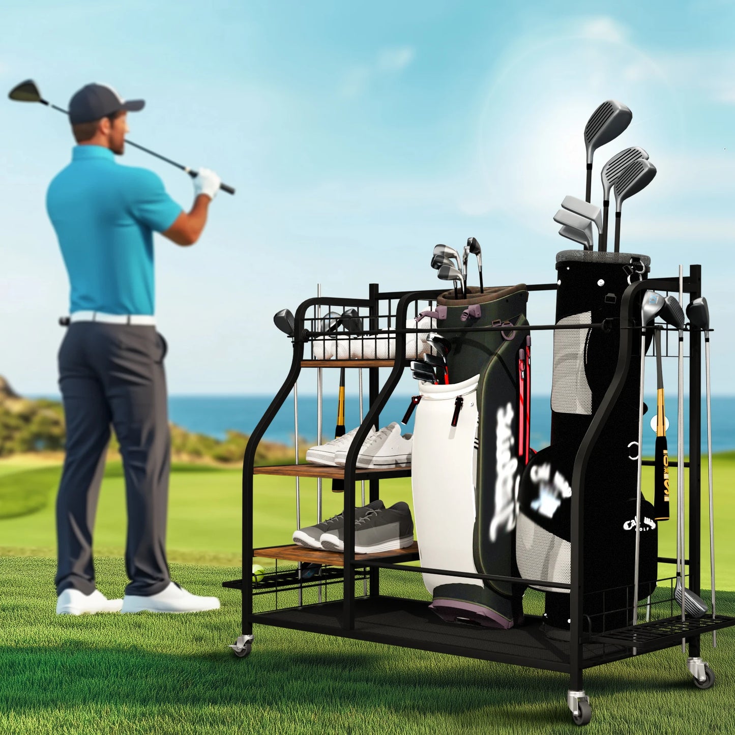 Metal Rolling Golf Bag Storage Organizer Rack With Three Shelves