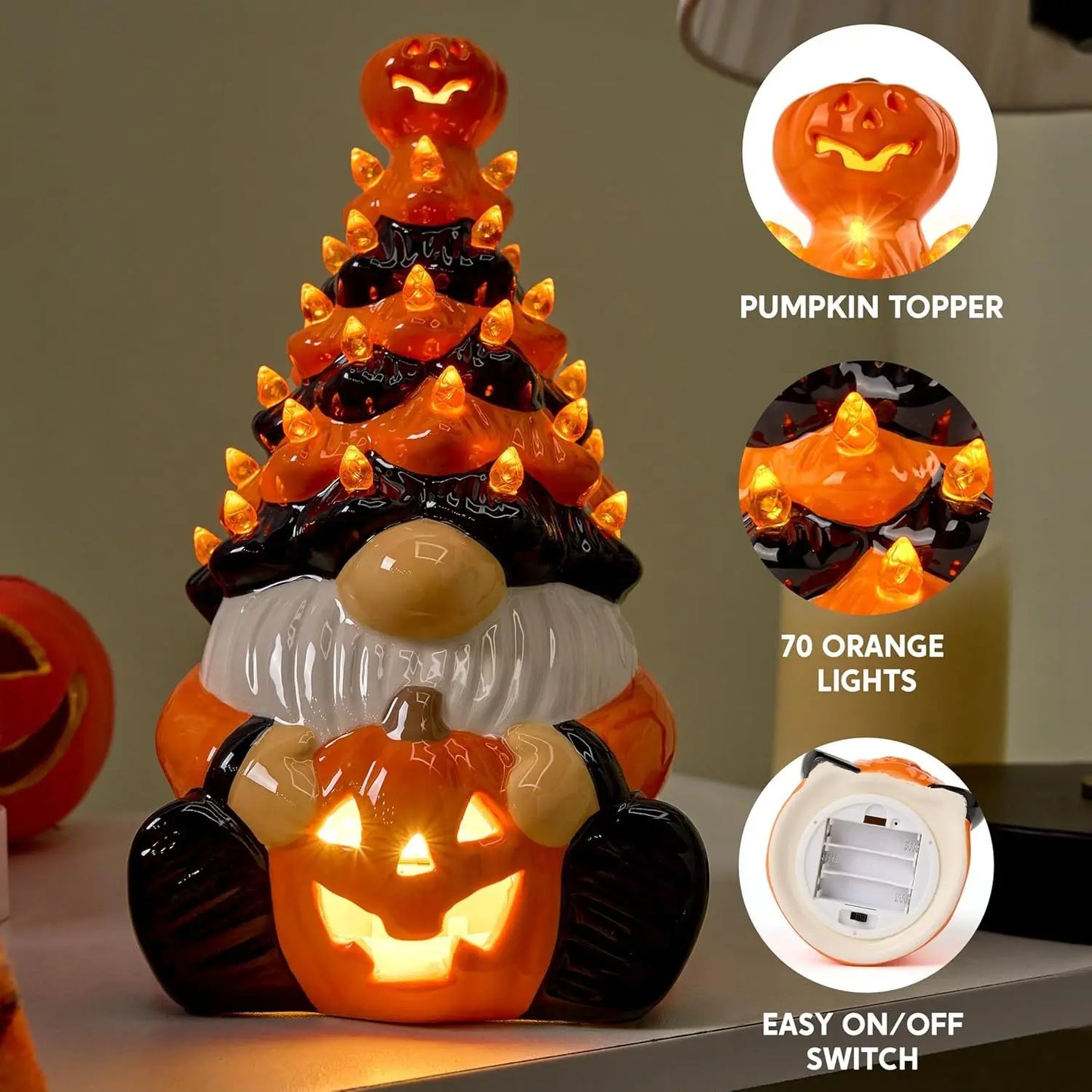 Battery Operated Halloween Pumpkin Gnome Ceramic Tree Led Tabletop Decor