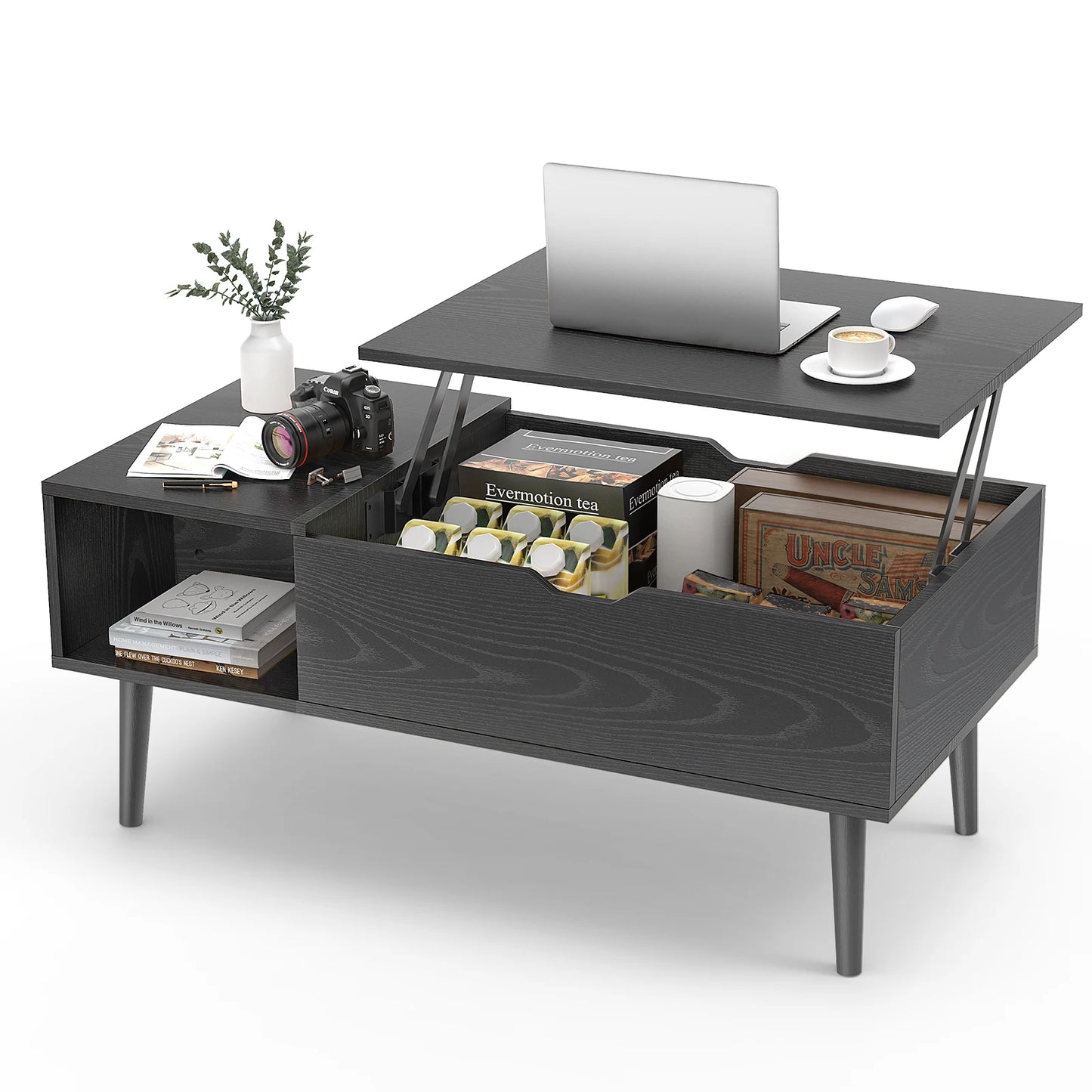JHK Lift Top Coffee Table With Wooden Storage Shelf