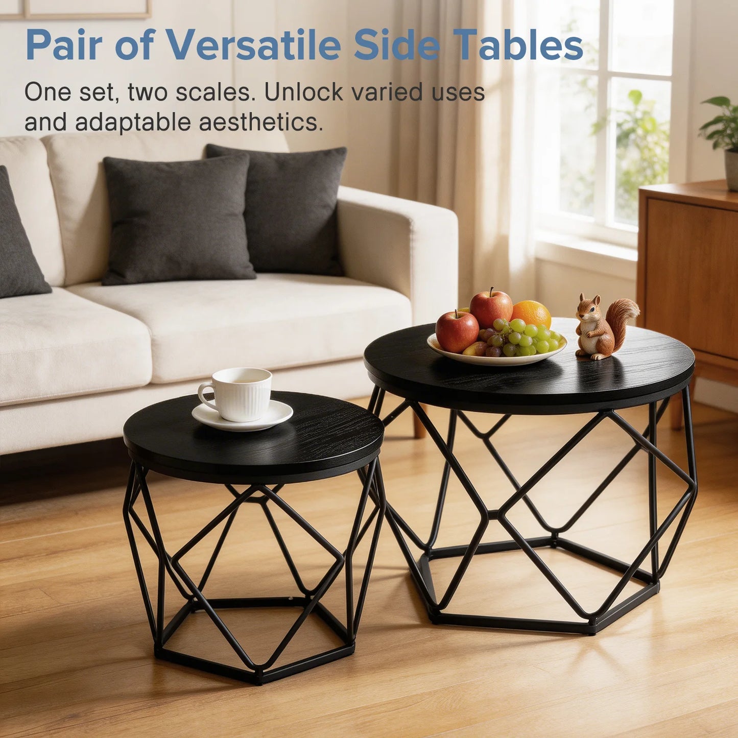 JHK Round Geometric Coffee Table Set With Nesting Side Tables