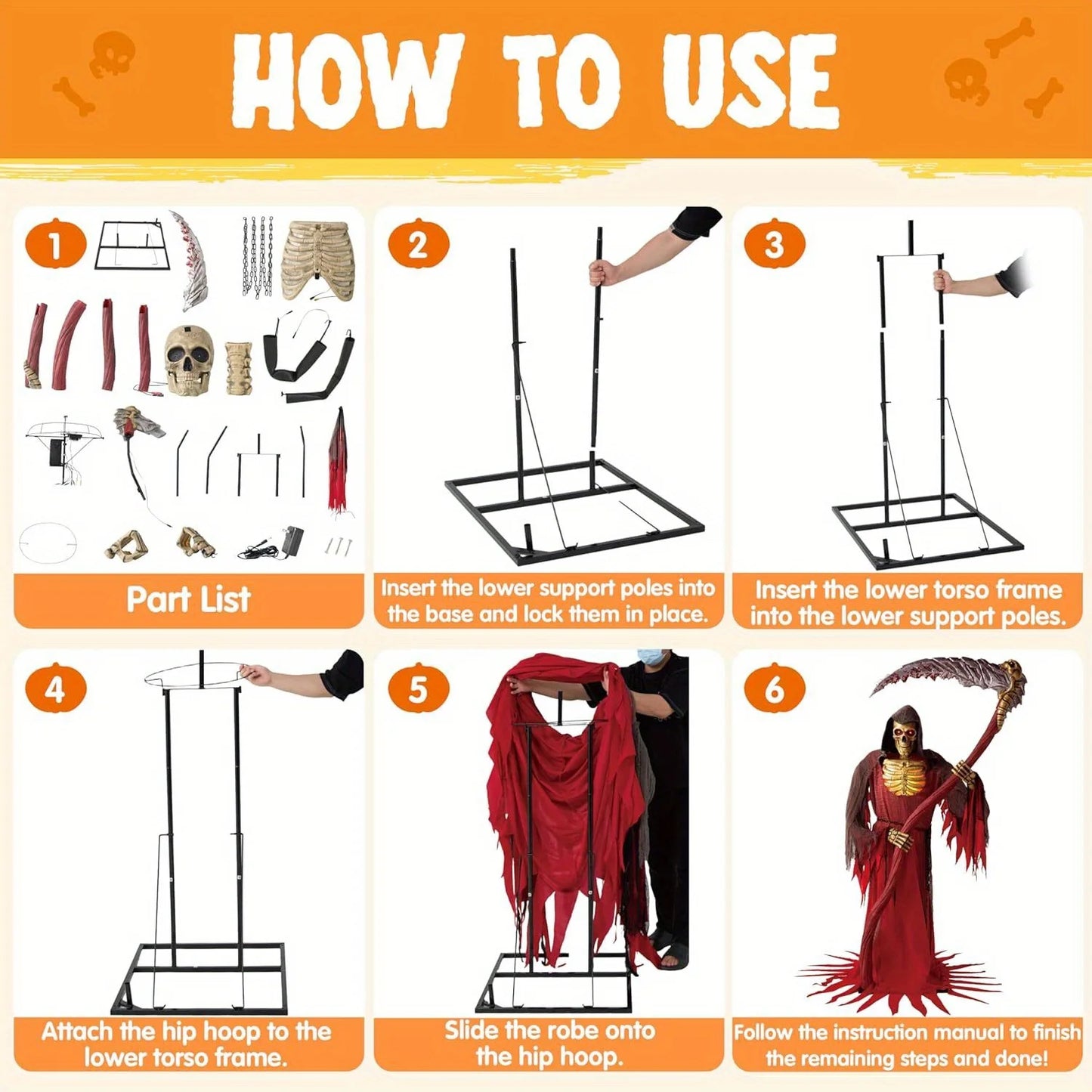 Animated Grim Reaper Skeleton Halloween Decor With Light Sensor