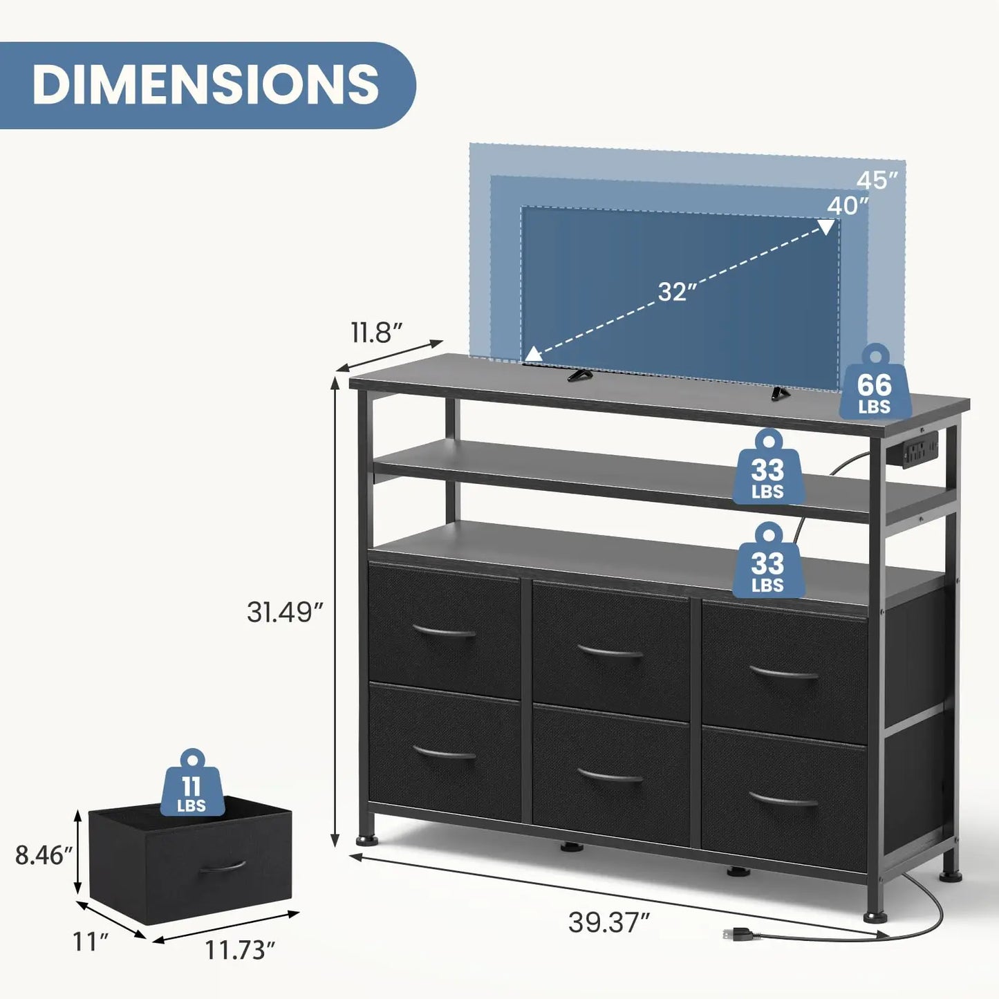 JHK TV Stand Dresser With Six Fabric Drawers And Wood Top