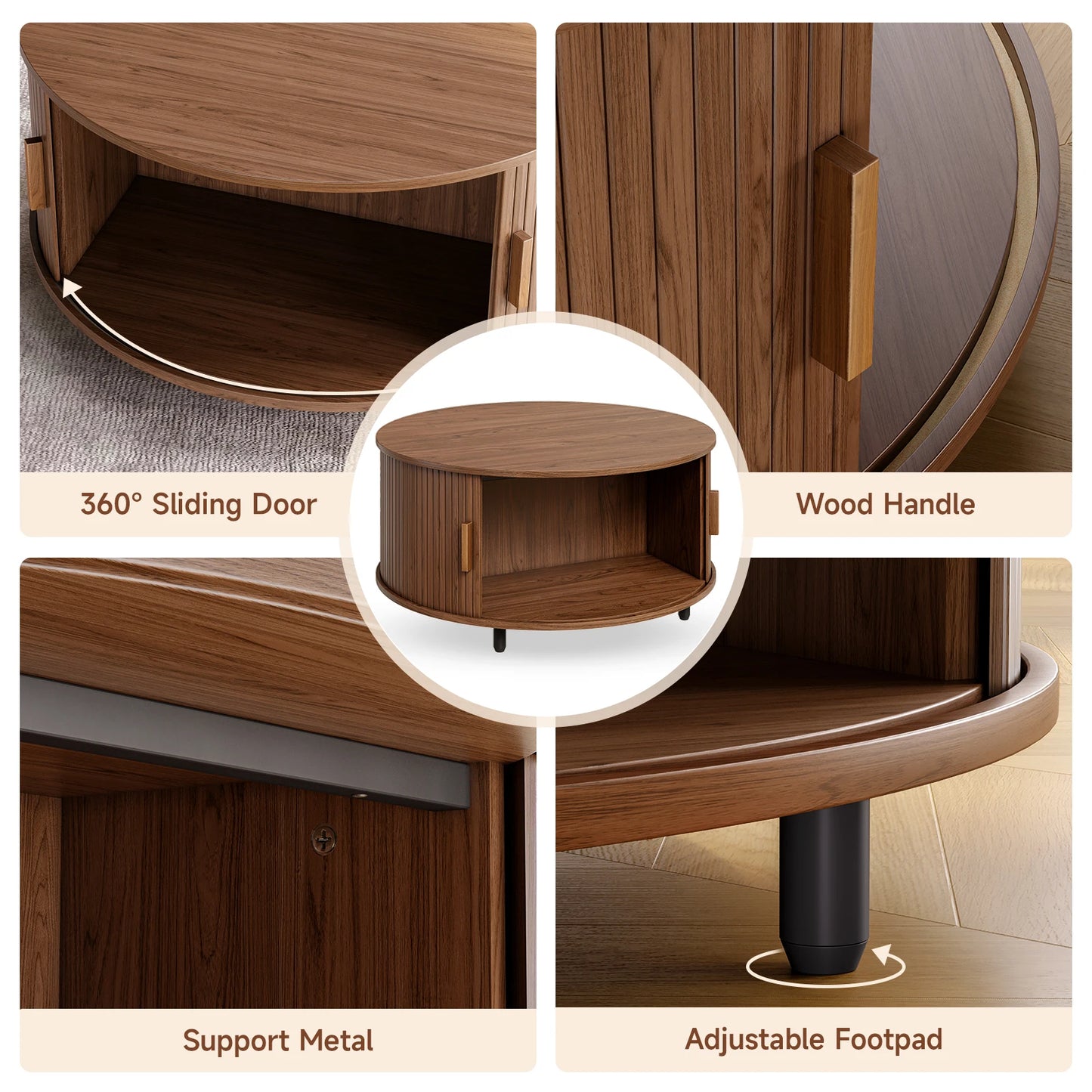 Onbrill Modern Round Coffee Table With Fluted Storage Doors