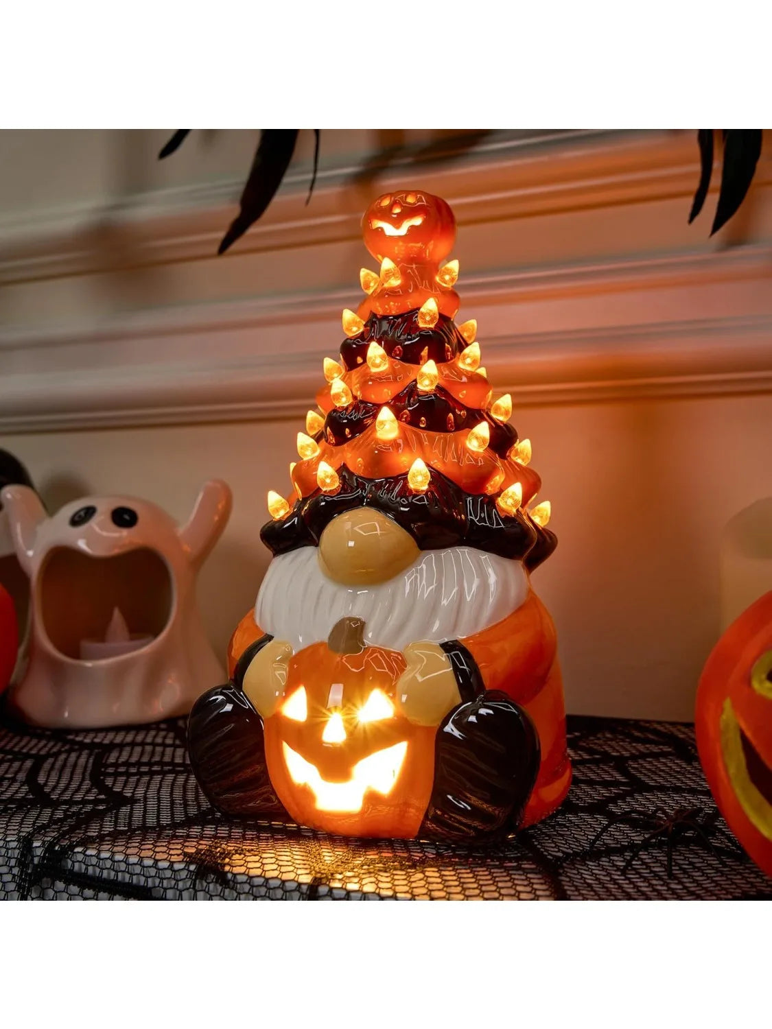 Battery Operated Halloween Pumpkin Gnome Ceramic Tree Led Tabletop Decor