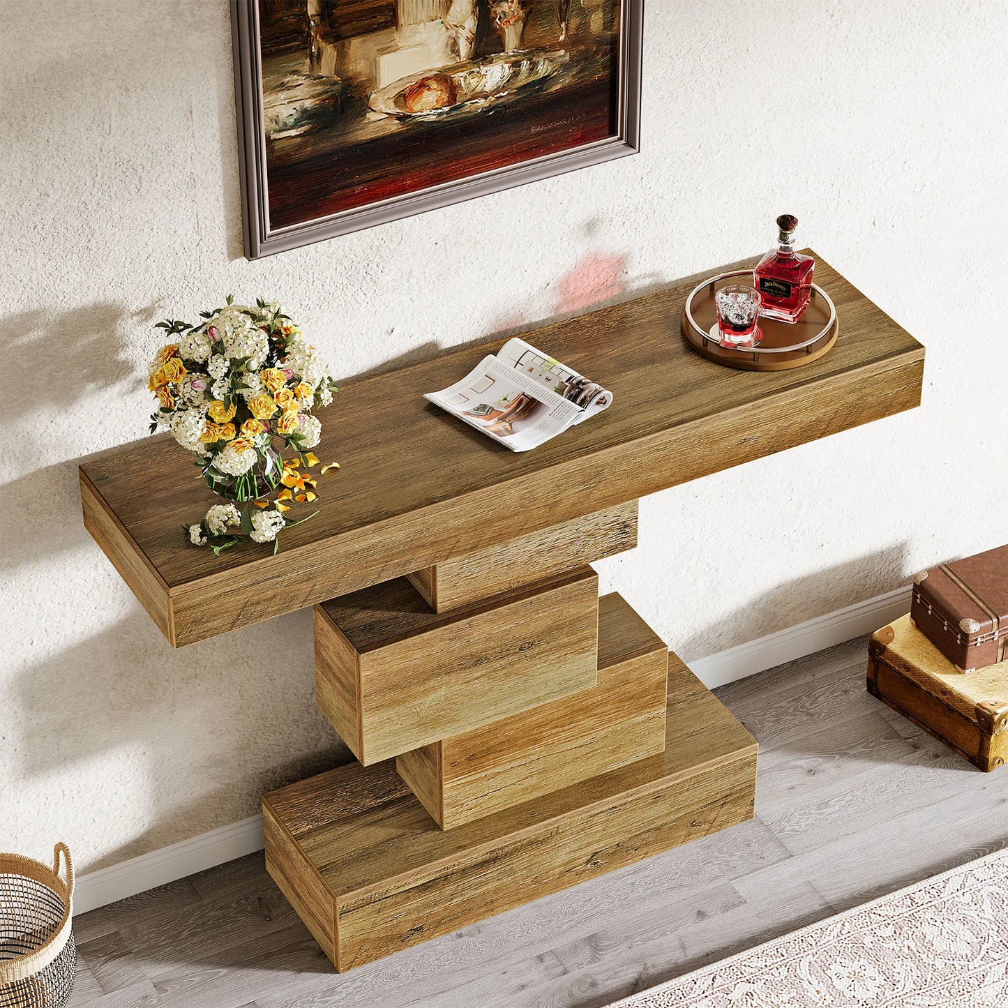 Tribesigns Farmhouse Console Table With Storage And Geometric Base
