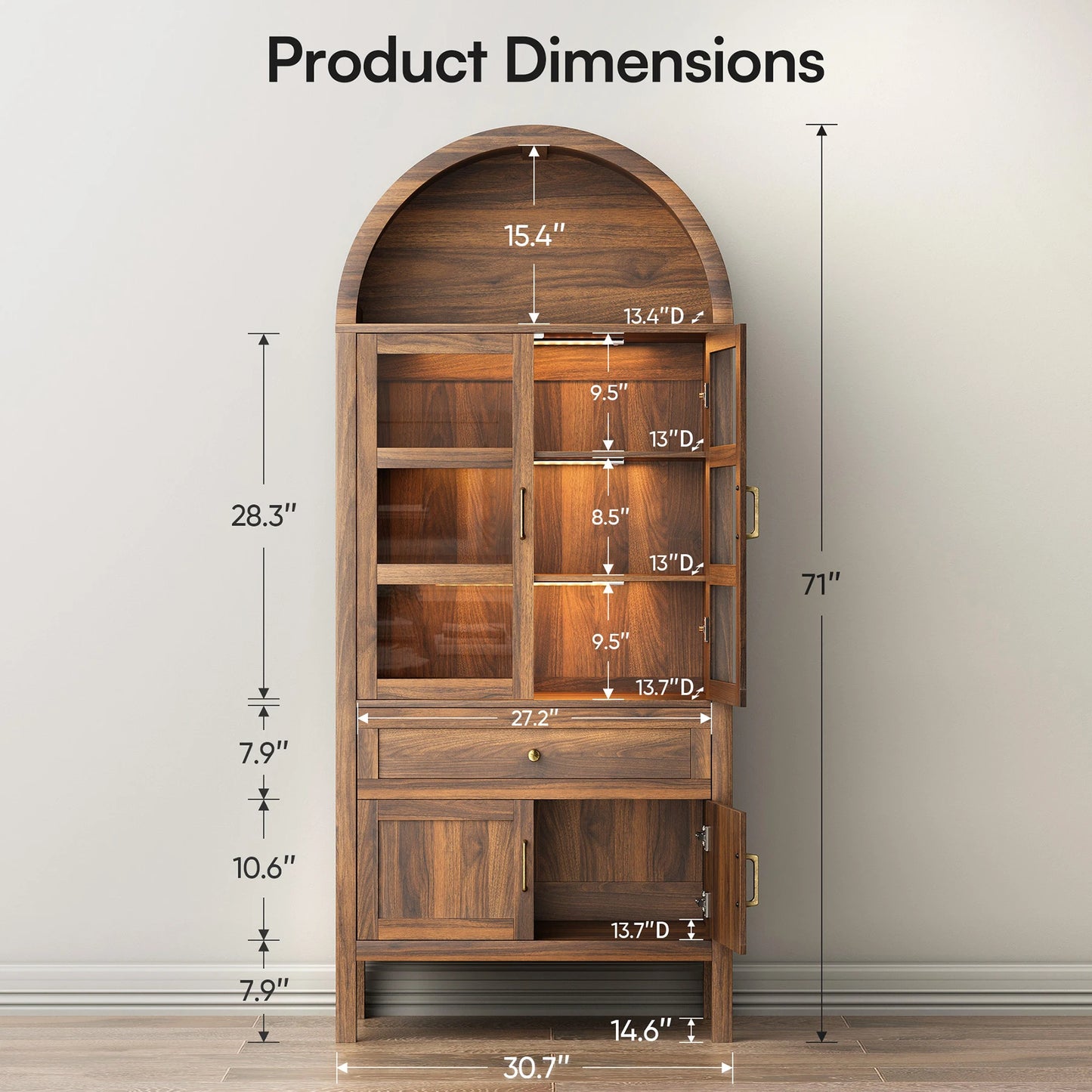 Furgle Arched Wood Storage Cabinet With Adjustable Shelves And Dimmable LED
