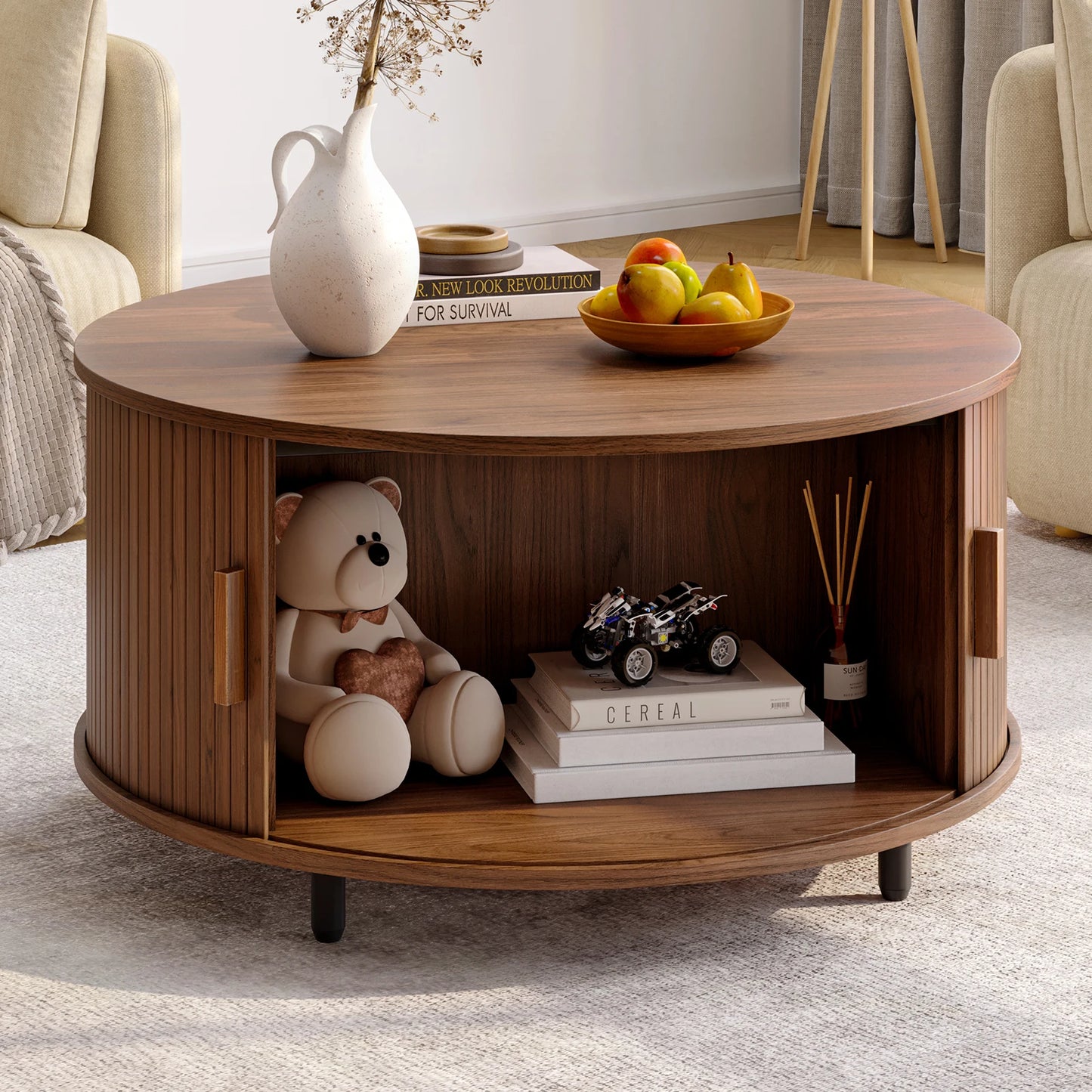 Onbrill Modern Round Coffee Table With Fluted Storage Doors