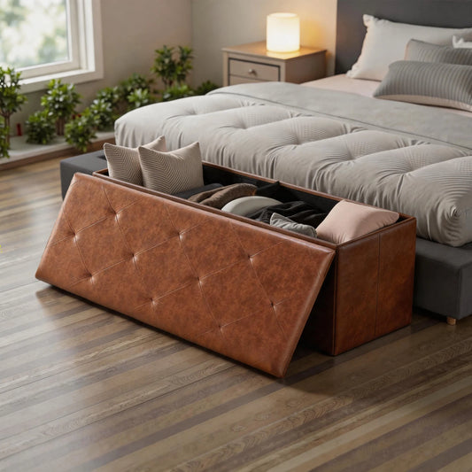 Tufted Faux Leather Storage Bench Folding Ottoman With 400lbs Capacity