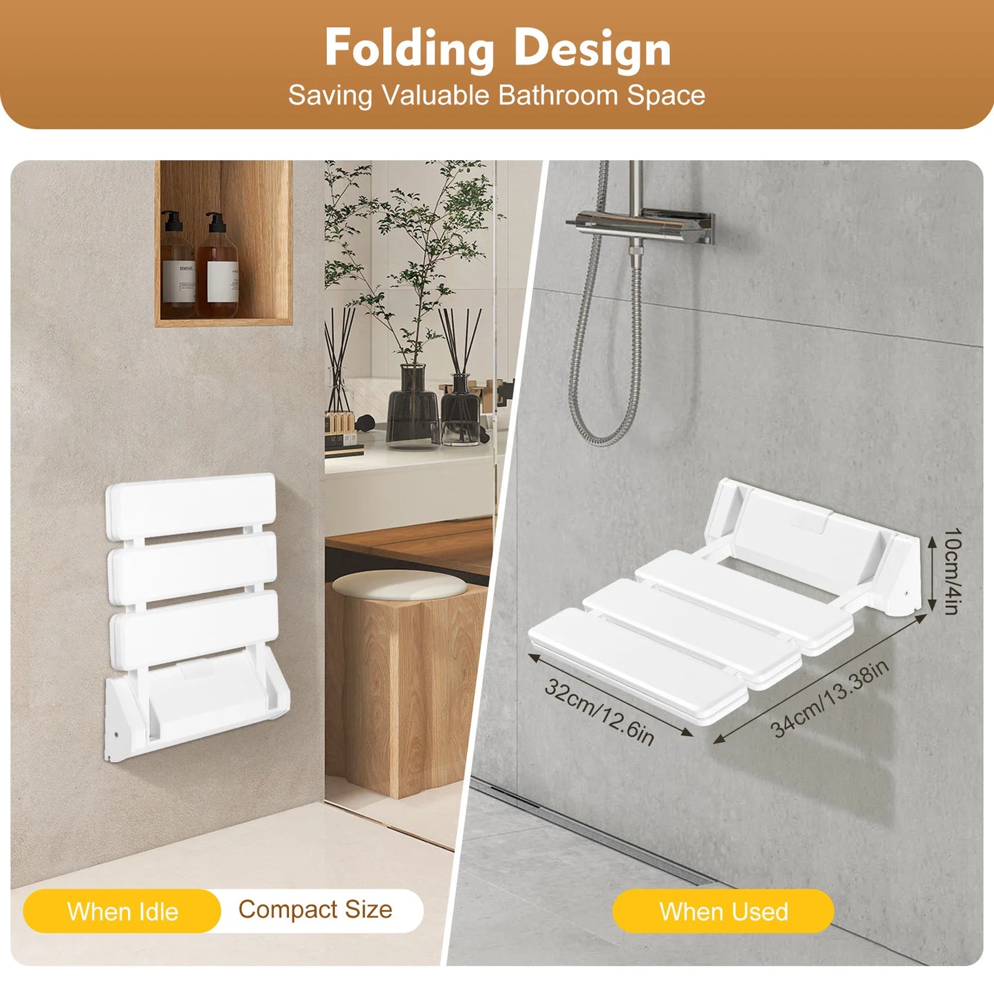 Wall Mounted Folding Shower Seat Waterproof Aluminum Bathroom Bench