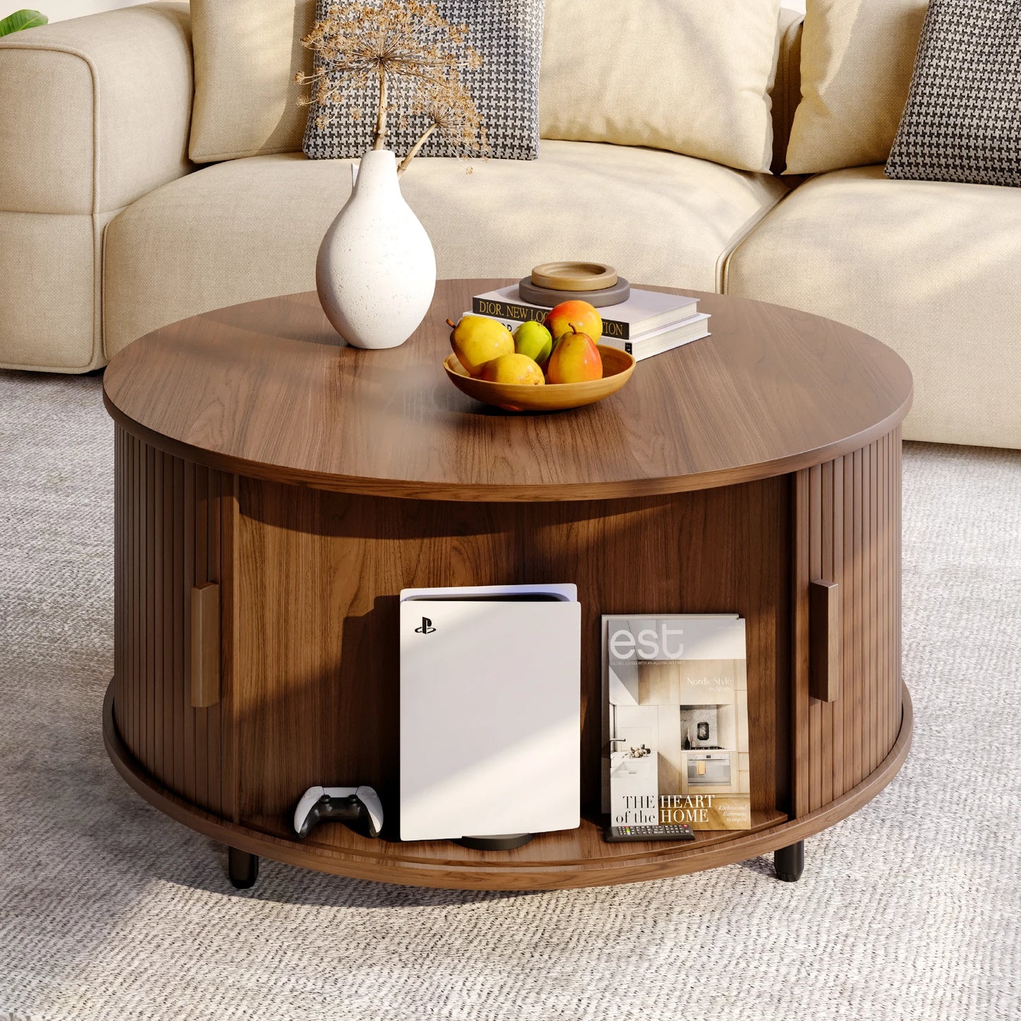 Onbrill Modern Round Coffee Table With Fluted Storage Doors