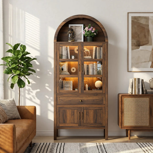 Furgle Arched Wood Storage Cabinet With Adjustable Shelves And Dimmable LED