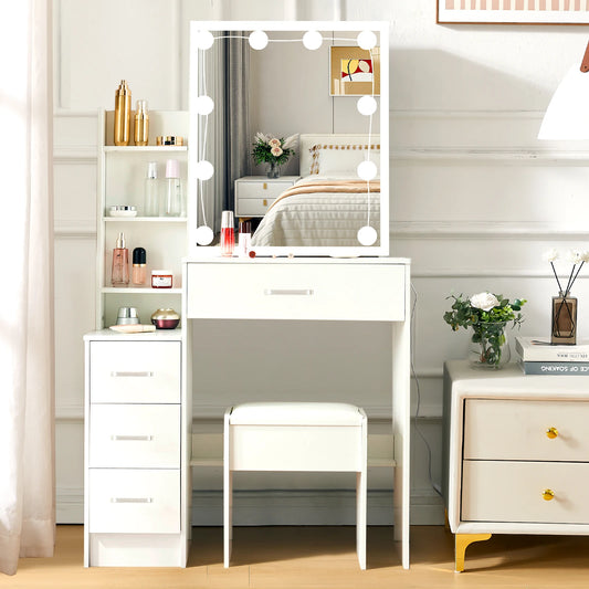 Yamissi LED Vanity Table Sliding Mirror And Four Drawers Stool