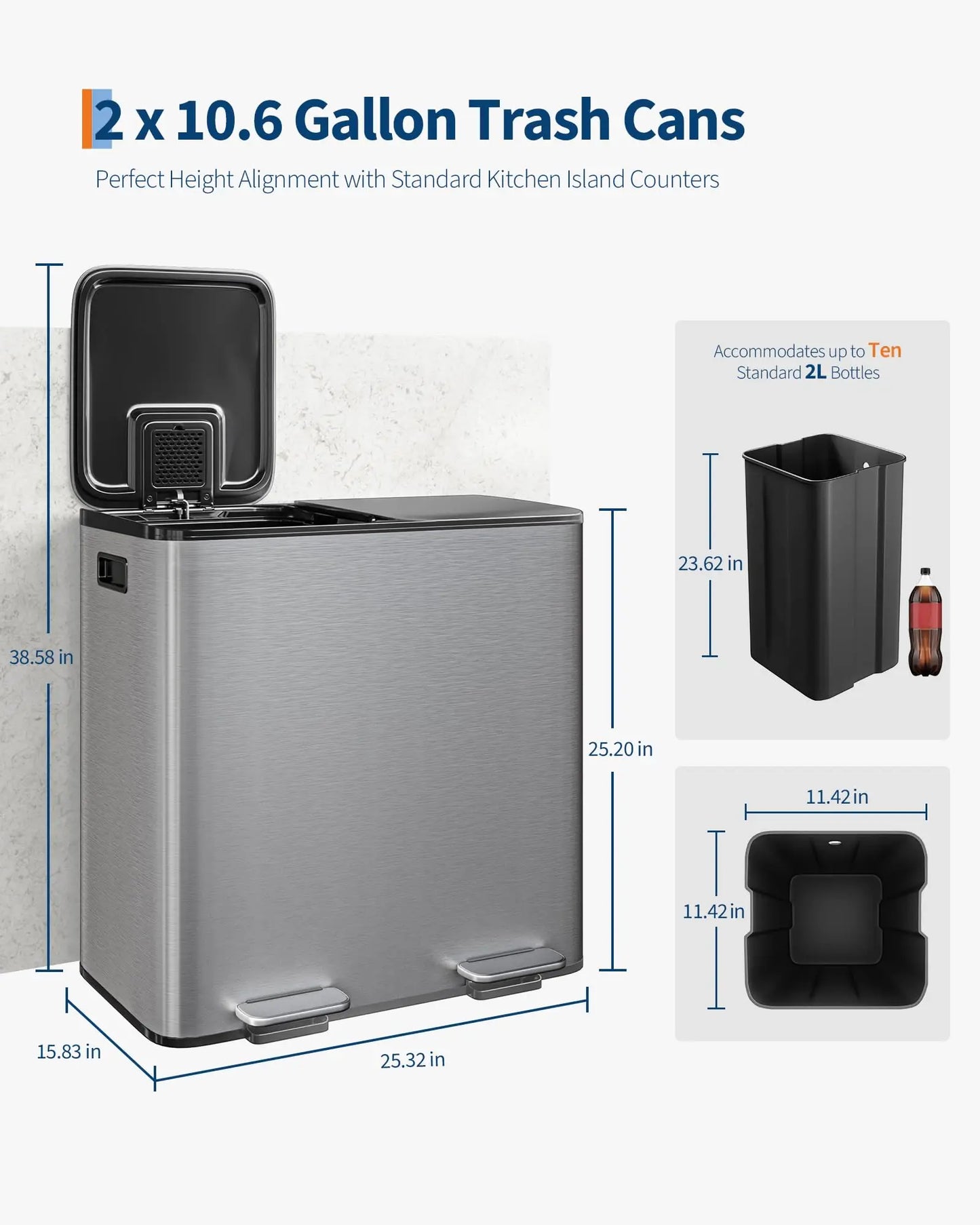 Dual Compartment Stainless Steel Trash Can With Step On Lids