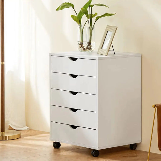 JHK Wood Nightstand Cabinet Five Drawer Storage Organizer on Wheels