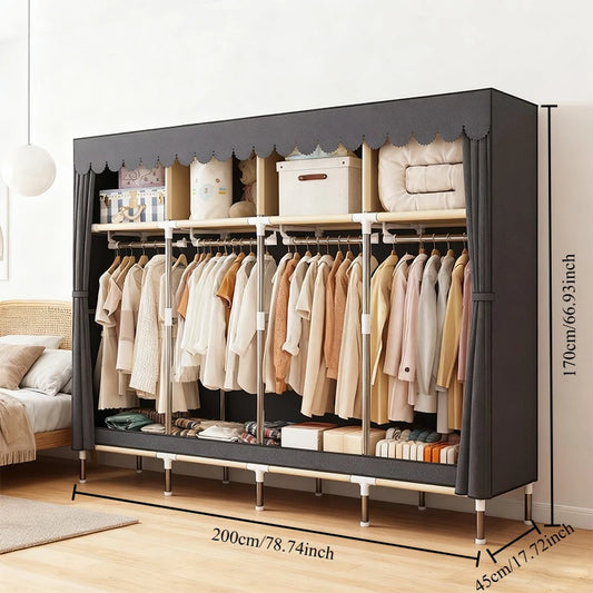 ArluKin Heavy Duty Fabric Wardrobe Four Hanging Rods And Storage