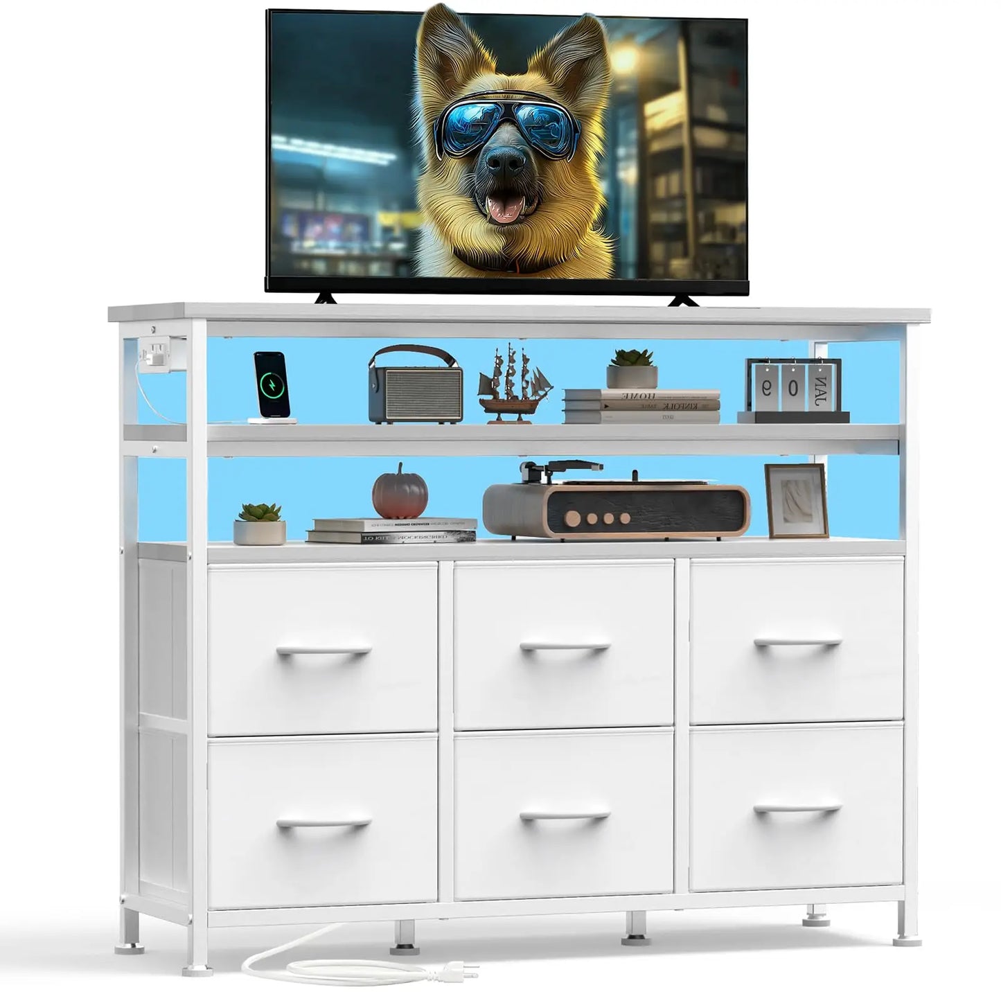 JHK TV Stand Dresser With Six Fabric Drawers And Wood Top