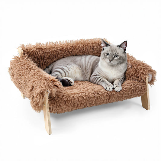 Raised Wooden Leg Cat Bed Plush Sofa For Indoor Cats