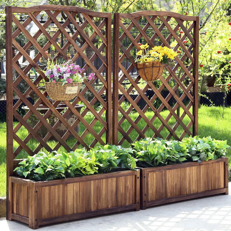 Raised Wooden Garden Bed With Trellis For Vegetables