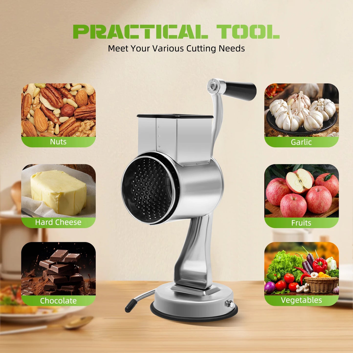 Stainless Steel Rotary Grater With 5 Blades Vegetable Cheese Shredder