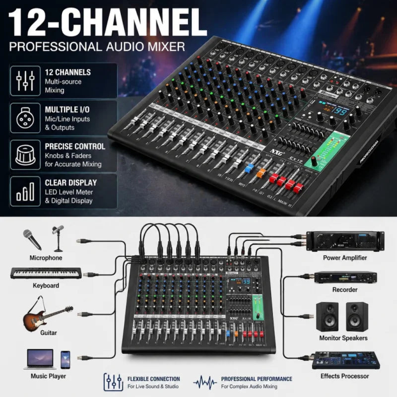 NXG EX12 12 Channel Audio Mixer With Bluetooth USB