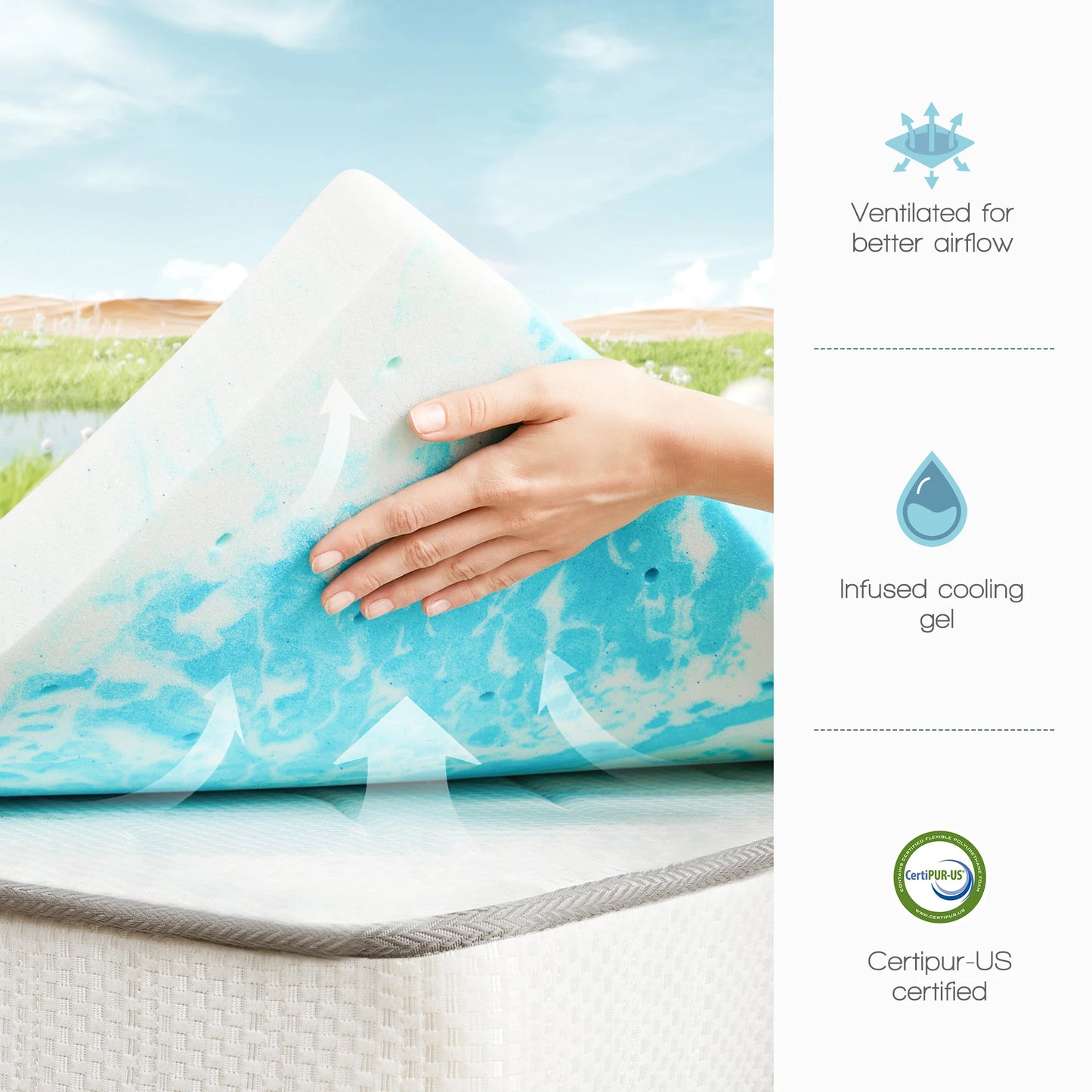 JHK Gel Memory Foam Mattress Topper Cooling Breathable Comfort