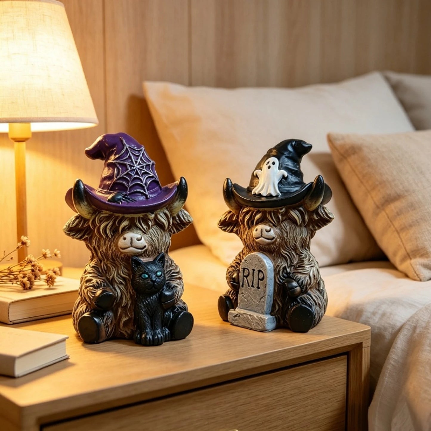 Highland Cow Resin Figurine Set For Halloween Home Decor