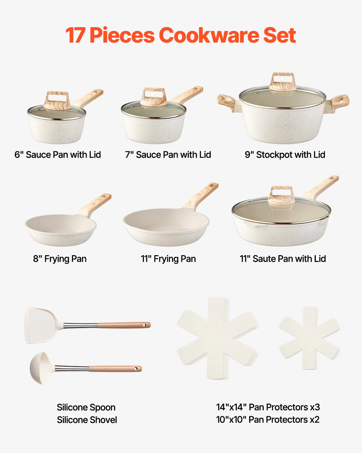 SucceBuy 17 Piece Pots And Pans Set Granite Nonstick Cookware