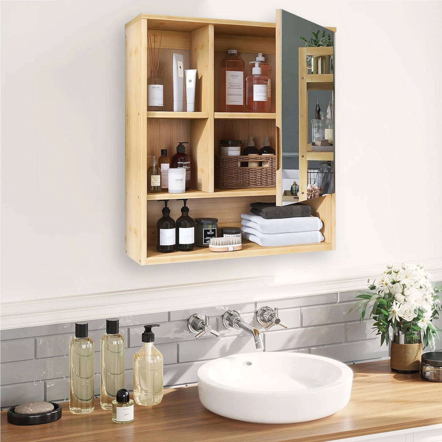 Wall Mounted Bamboo Medicine Cabinet With Five Tier Open Storage