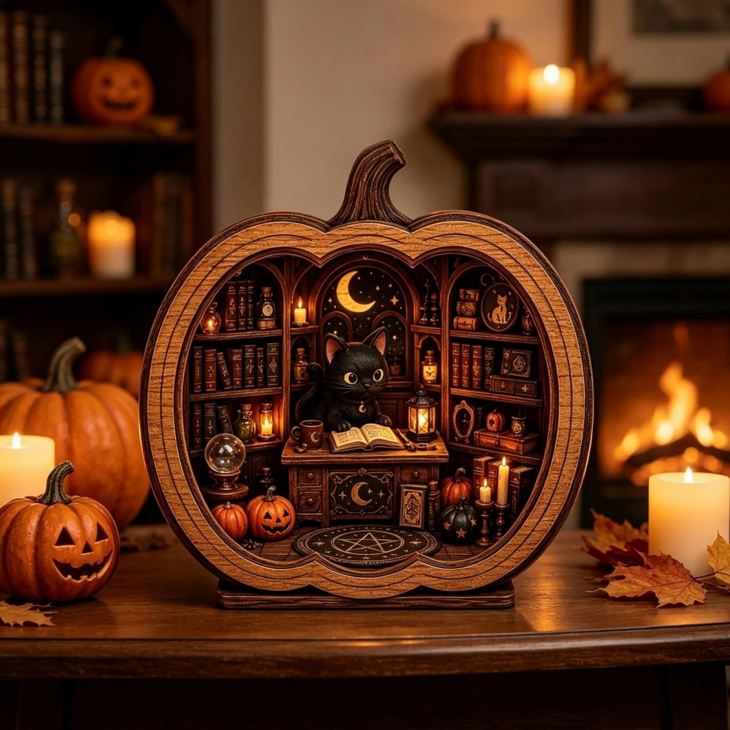 Cat Bookshop Pumpkin Display Stand Resin Halloween Figurine