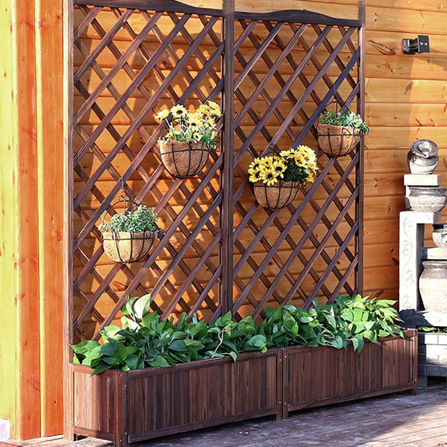 Raised Wooden Garden Bed With Trellis For Vegetables