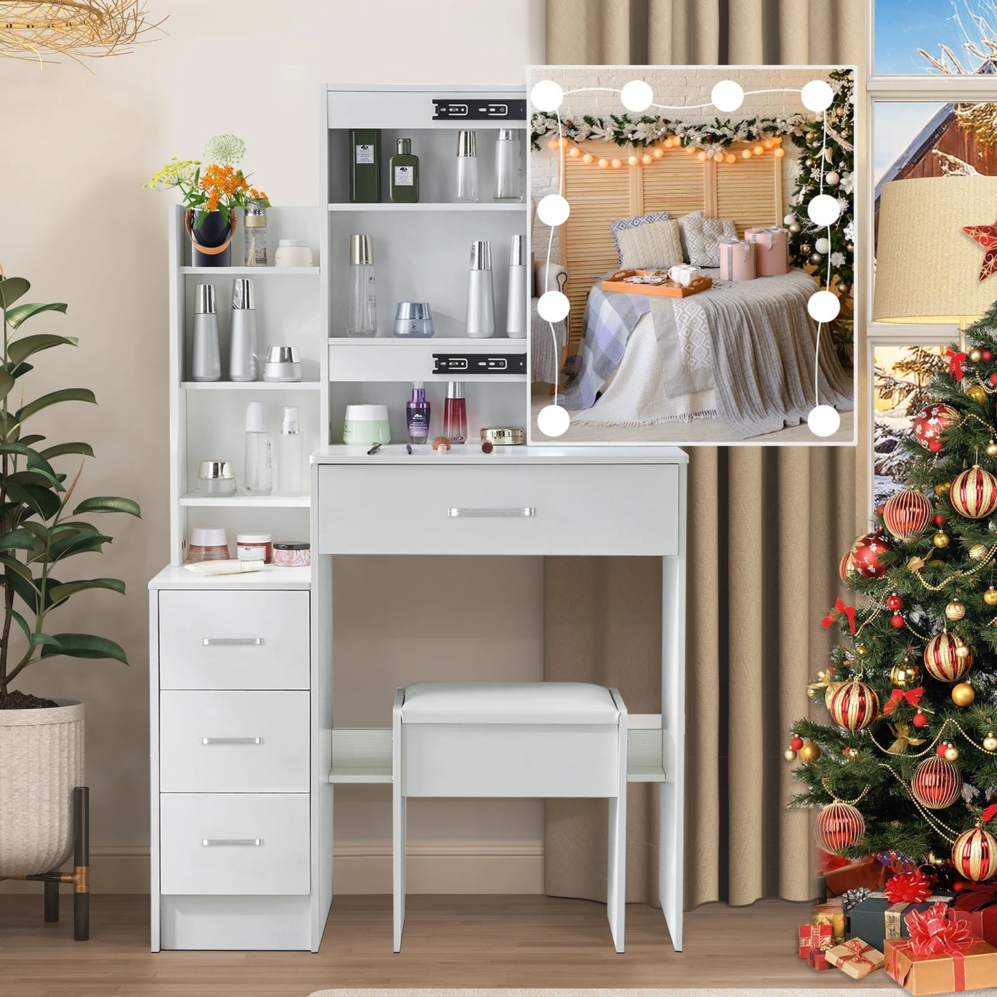 Yamissi LED Vanity Table Sliding Mirror And Four Drawers Stool