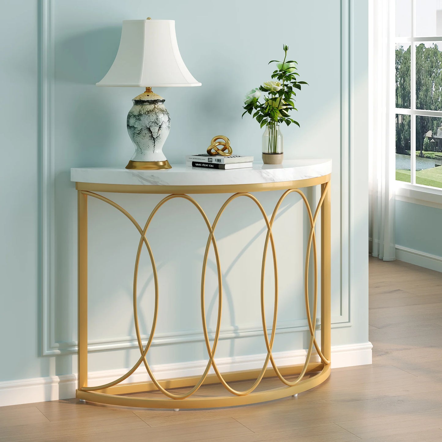 Tribesigns Modern Half Moon Console Table with Metal Frame