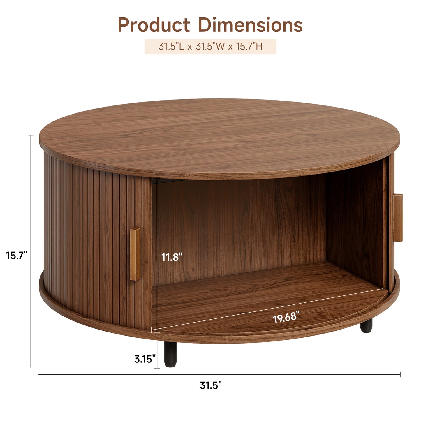 Onbrill Modern Round Coffee Table With Fluted Storage Doors