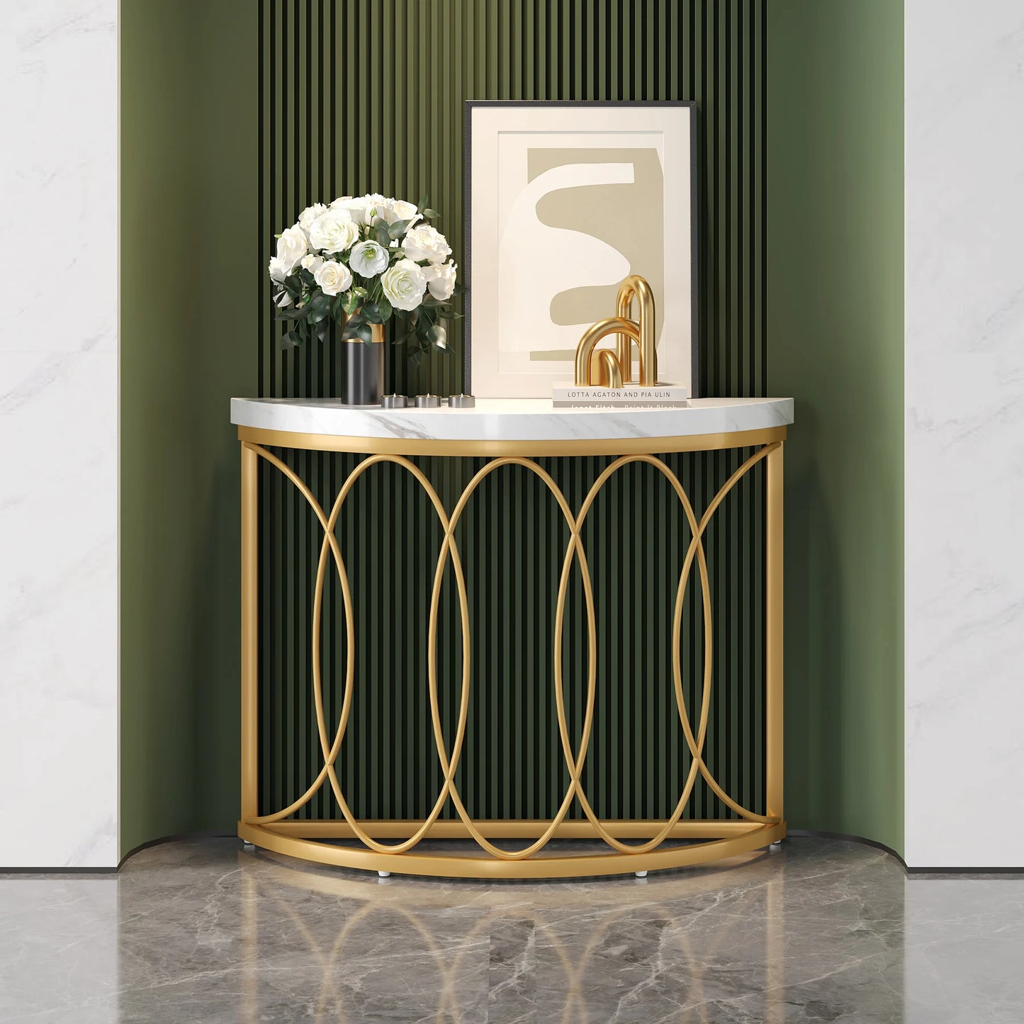 Tribesigns Modern Half Moon Console Table with Metal Frame