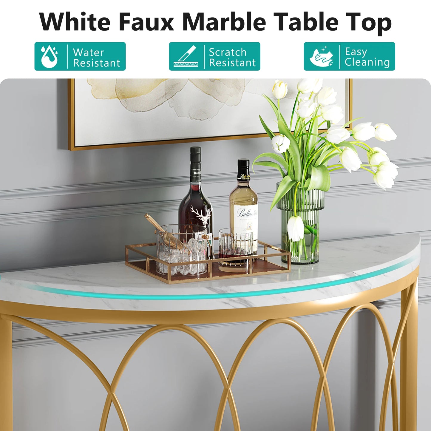 Tribesigns Modern Half Moon Console Table with Metal Frame