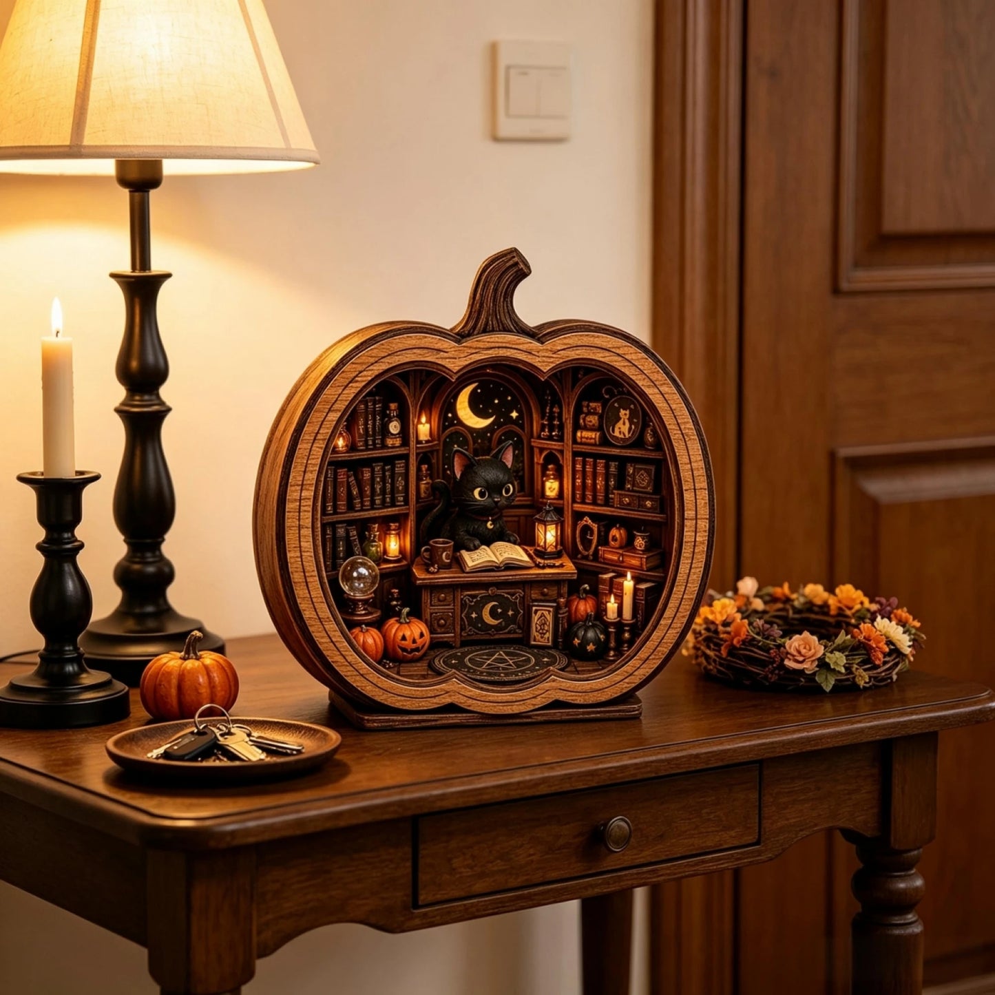 Cat Bookshop Pumpkin Display Stand Resin Halloween Figurine