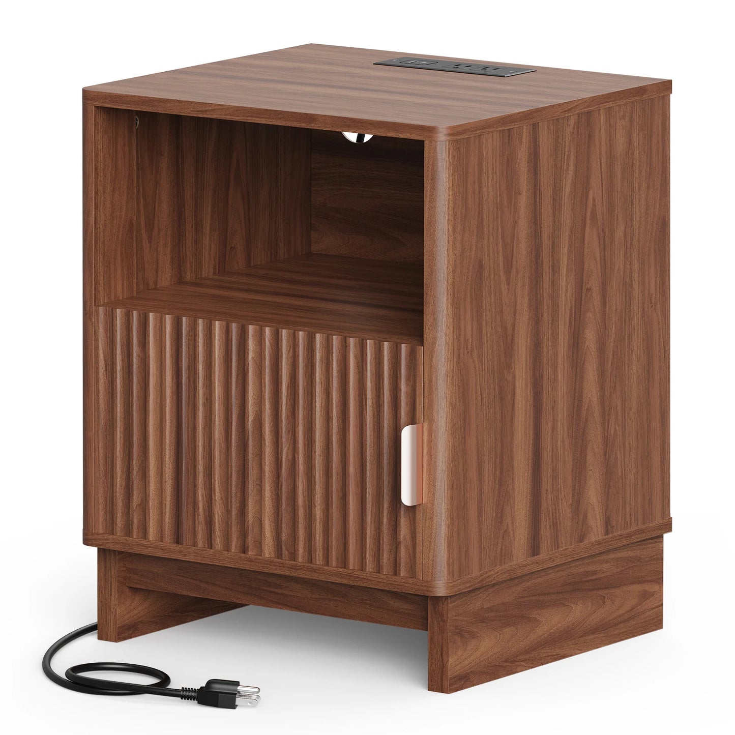 TinyNest Nightstand With Charging Station Fluted Wood Storage Drawers