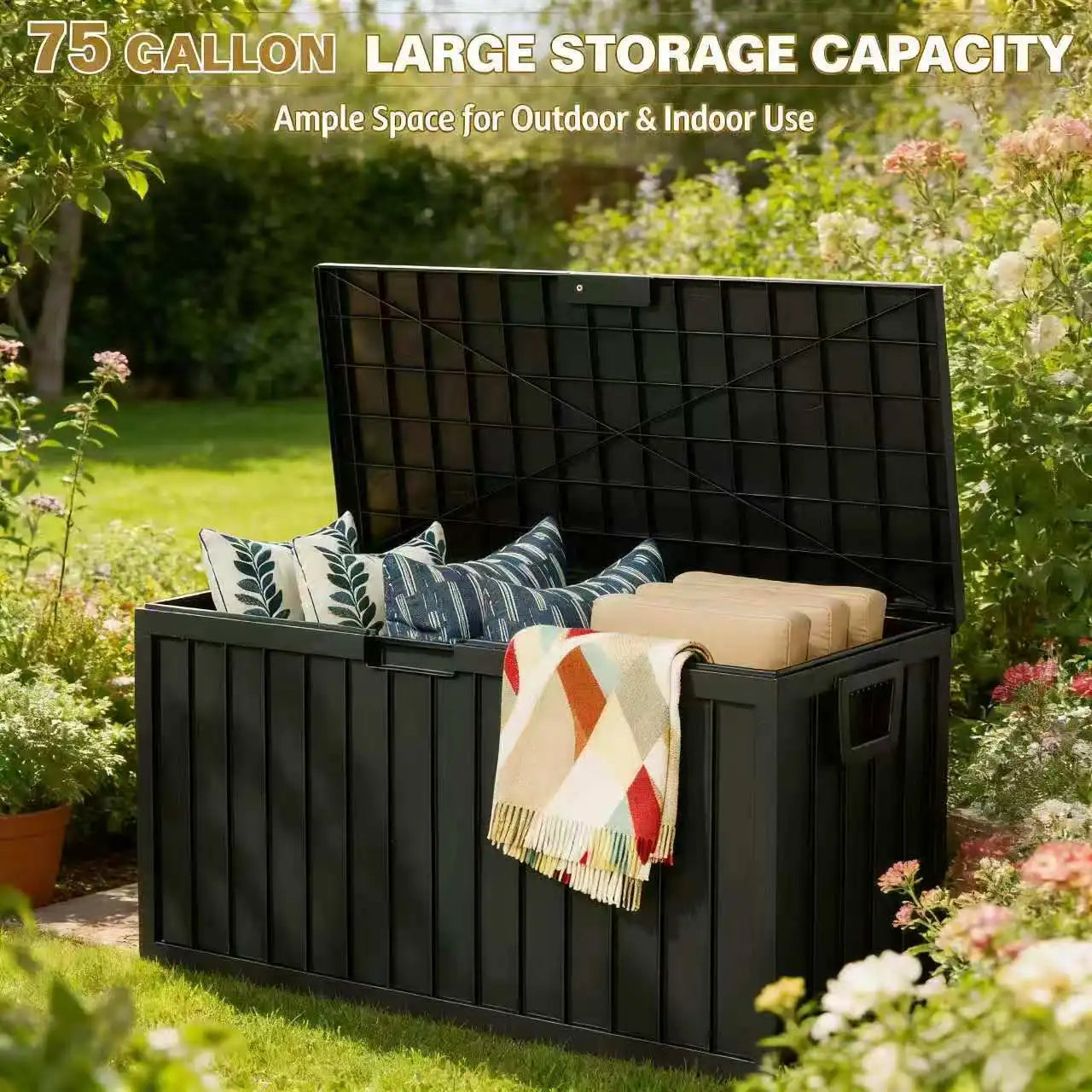 Sarenzoon Outdoor Deck Box With Lockable Lid And Plastic Storage