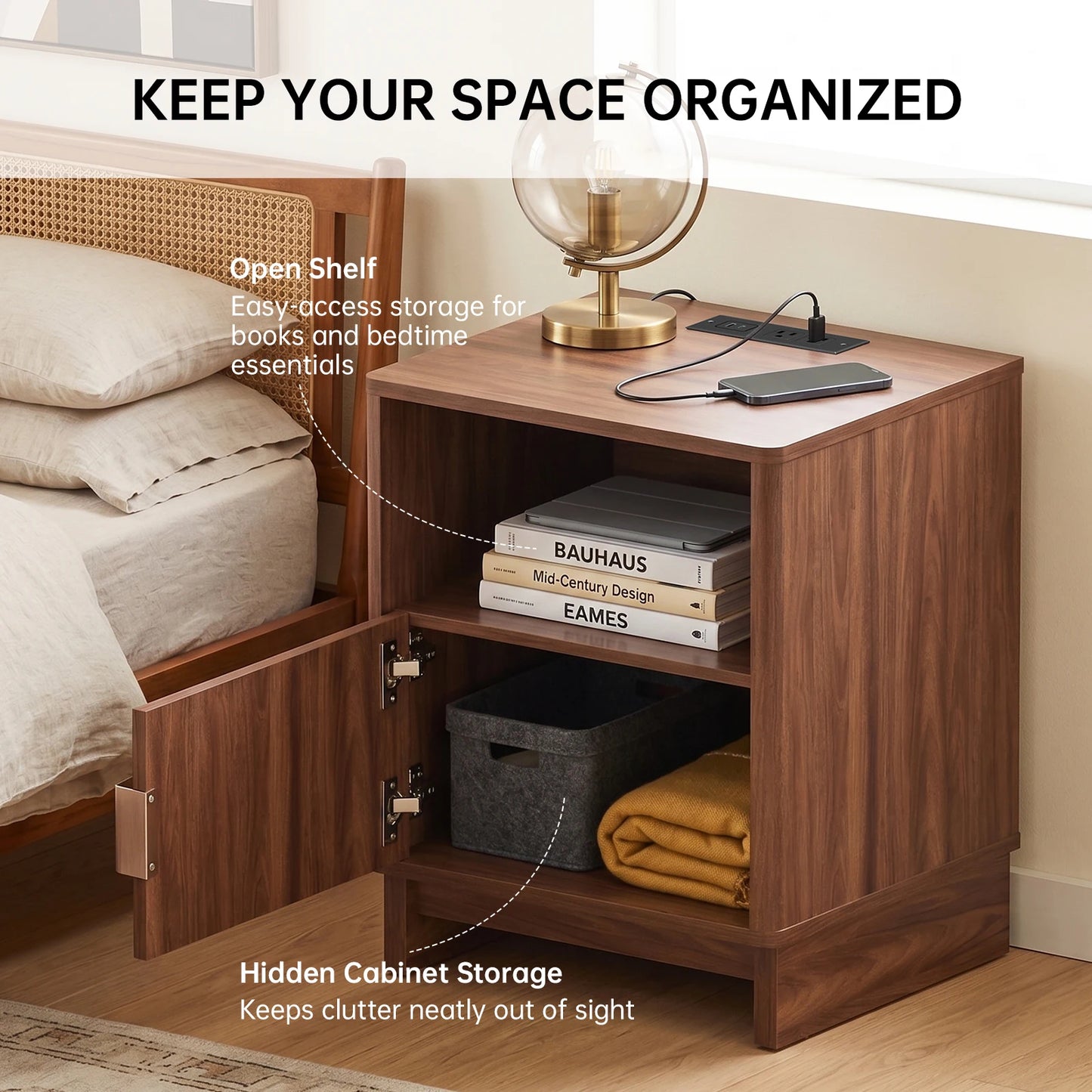 TinyNest Nightstand With Charging Station Fluted Wood Storage Drawers