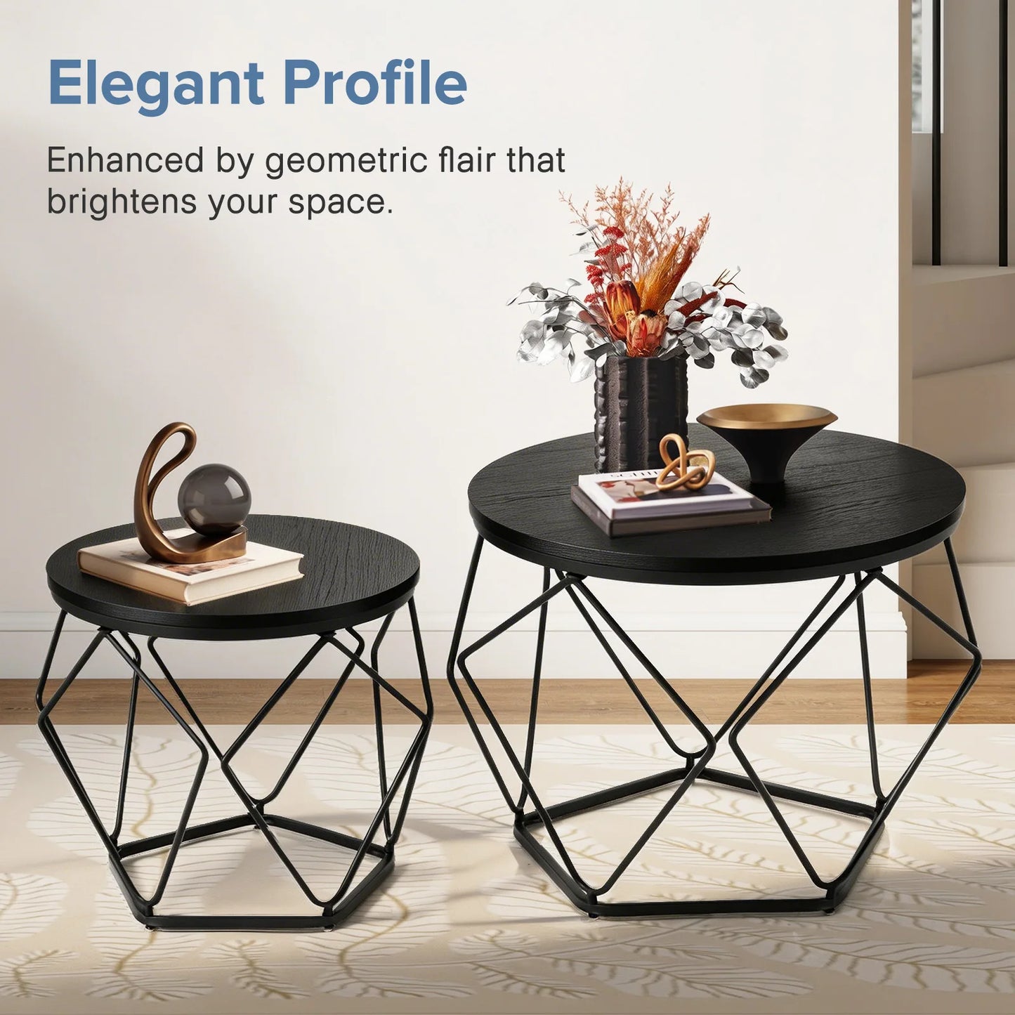 JHK Round Geometric Coffee Table Set With Nesting Side Tables
